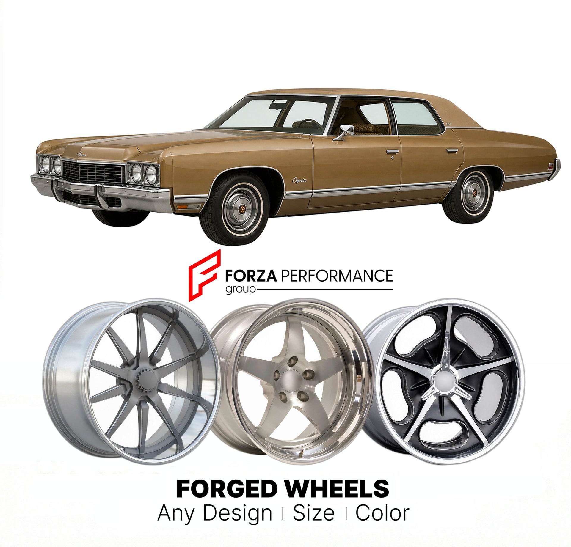 CUSTOM CLASSIC VINTAGE RESTOMOD RETRO OLD SCHOOL FORGED WHEELS RIMS for CHEVROLET CAPRICE 1971 - 1976
Custom forged wheels for classic American muscle cars. Ideal for restomod builds, vintage restorations, and show cars. Deep dish and retro styling available.

We manufacture premium quality forged wheels rims for Chevrolet Caprice 1971 - 1976 in any design, size, color.

THIS WHEEL DESIGN CAN BE CUSTOM-MADE FOR YOUR CAR IN ANY SIZE AND COLOR OPTIONS
Available in monoblock, 2-piece, 3-piece, duoblock, beadlo