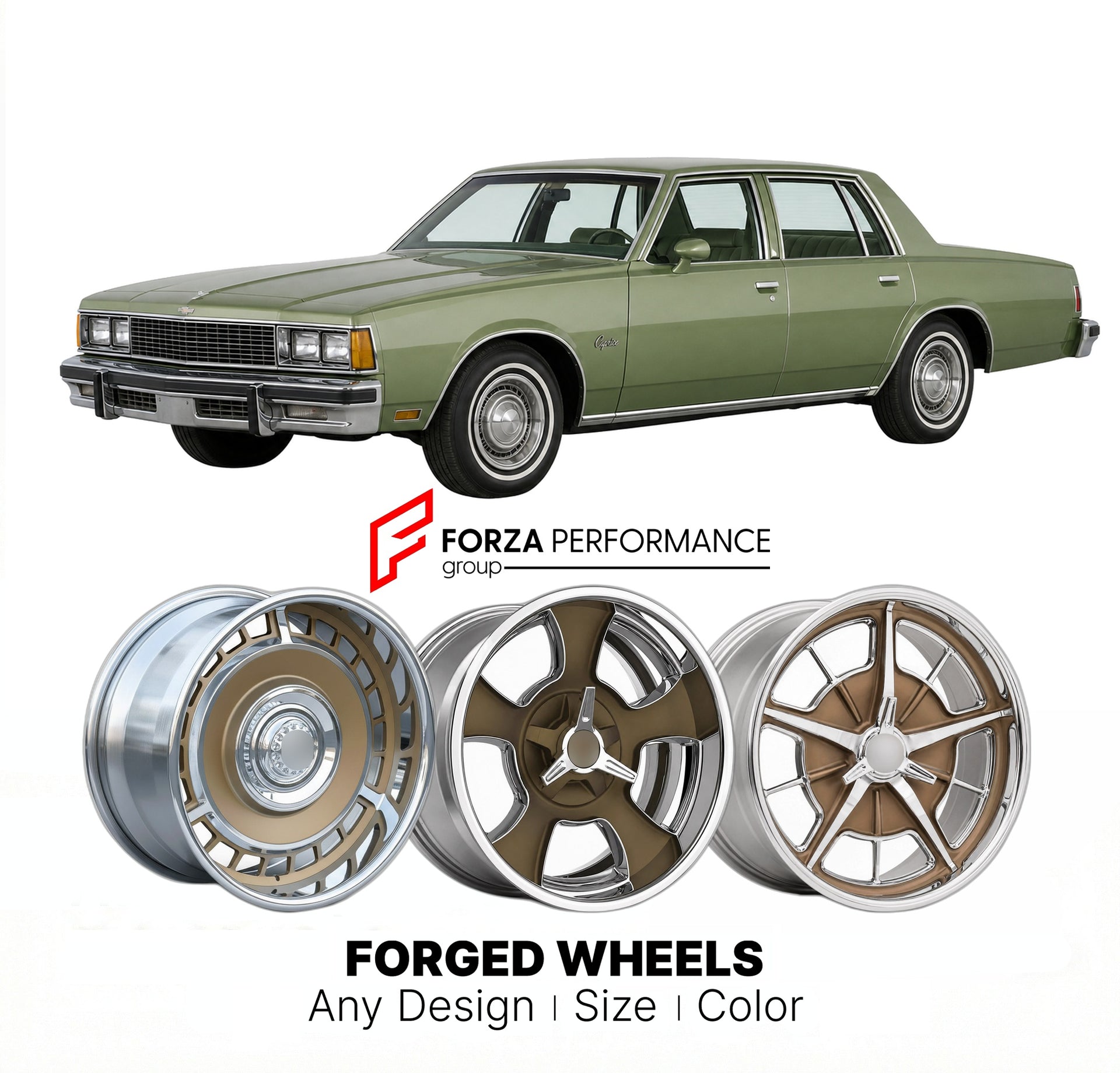 CUSTOM CLASSIC VINTAGE RESTOMOD RETRO OLD SCHOOL FORGED WHEELS RIMS for CHEVROLET CAPRICE 1977 - 1990
Custom forged wheels for classic American muscle cars. Ideal for restomod builds, vintage restorations, and show cars. Deep dish and retro styling available.

We manufacture premium quality forged wheels rims for Chevrolet Caprice 1977 - 1990 in any design, size, color.

THIS WHEEL DESIGN CAN BE CUSTOM-MADE FOR YOUR CAR IN ANY SIZE AND COLOR OPTIONS
Available in monoblock, 2-piece, 3-piece, duoblock, beadlo