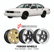 FORGED WHEELS RIMS for CHEVROLET CAPRICE 9C1 POLICE PACKAGE B-BODY 1990 - 1996

Custom forged wheels for Chevrolet Caprice 9C1 Police Package B-Body 1990 - 1996. Made-to-order monoblock, 2-piece and 3-piece rims in custom sizes, offsets, colors and finishes with guaranteed fitment.

We manufacture premium quality forged wheels rims for Chevrolet Caprice 9C1 Police Package B-Body 1990 - 1996 in any design, size, color.

THIS WHEEL DESIGN CAN BE CUSTOM-MADE FOR YOUR CAR IN ANY SIZE AND COLOR OPTIONS
Available