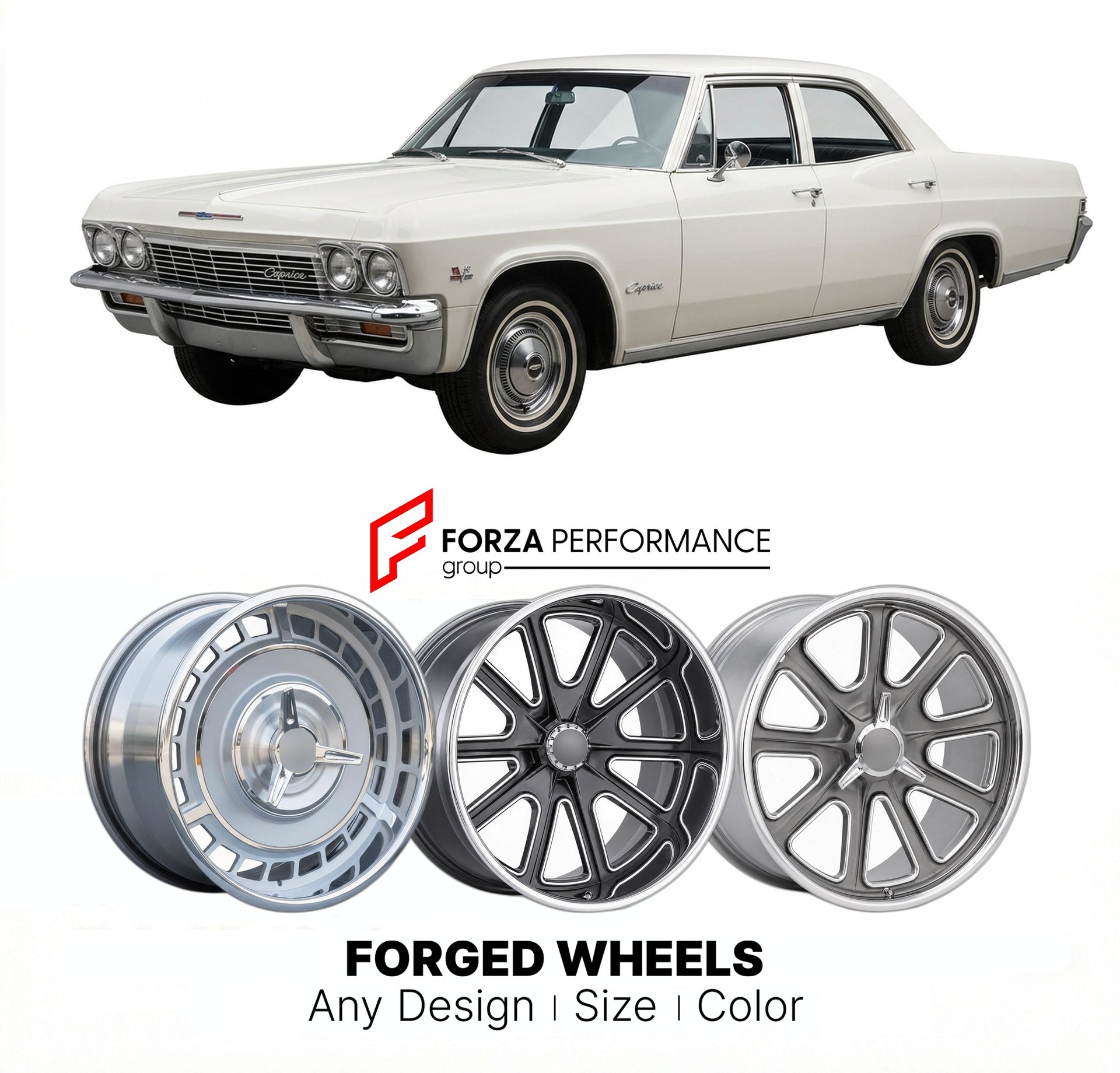 CUSTOM CLASSIC VINTAGE RESTOMOD RETRO OLD SCHOOL FORGED WHEELS RIMS for CHEVROLET CAPRICE CLASSIC 1965 - 1970
Custom forged wheels for classic American muscle cars. Ideal for restomod builds, vintage restorations, and show cars. Deep dish and retro styling available.

We manufacture premium quality forged wheels rims for Chevrolet Caprice Classic 1965 - 1970 in any design, size, color.

THIS WHEEL DESIGN CAN BE CUSTOM-MADE FOR YOUR CAR IN ANY SIZE AND COLOR OPTIONS
Available in monoblock, 2-piece, 3-piece, 