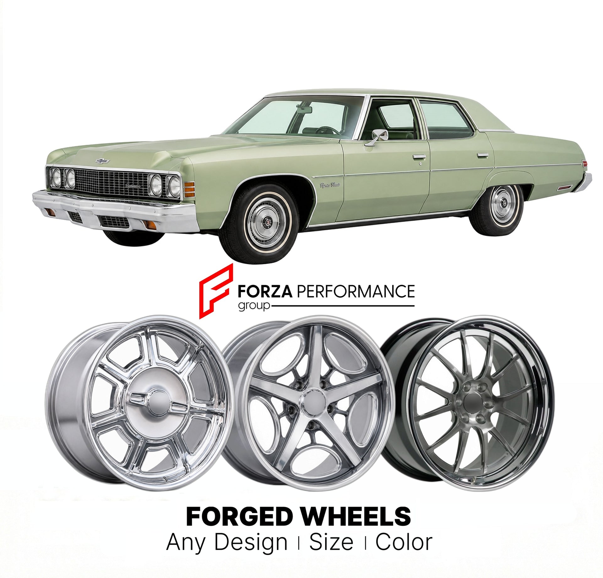 CUSTOM CLASSIC VINTAGE RESTOMOD RETRO OLD SCHOOL FORGED WHEELS RIMS for CHEVROLET CAPRICE CLASSIC 1971 - 1976
Custom forged wheels for classic American muscle cars. Ideal for restomod builds, vintage restorations, and show cars. Deep dish and retro styling available.

We manufacture premium quality forged wheels rims for Chevrolet Caprice Classic 1971 - 1976 in any design, size, color.

THIS WHEEL DESIGN CAN BE CUSTOM-MADE FOR YOUR CAR IN ANY SIZE AND COLOR OPTIONS
Available in monoblock, 2-piece, 3-piece, 