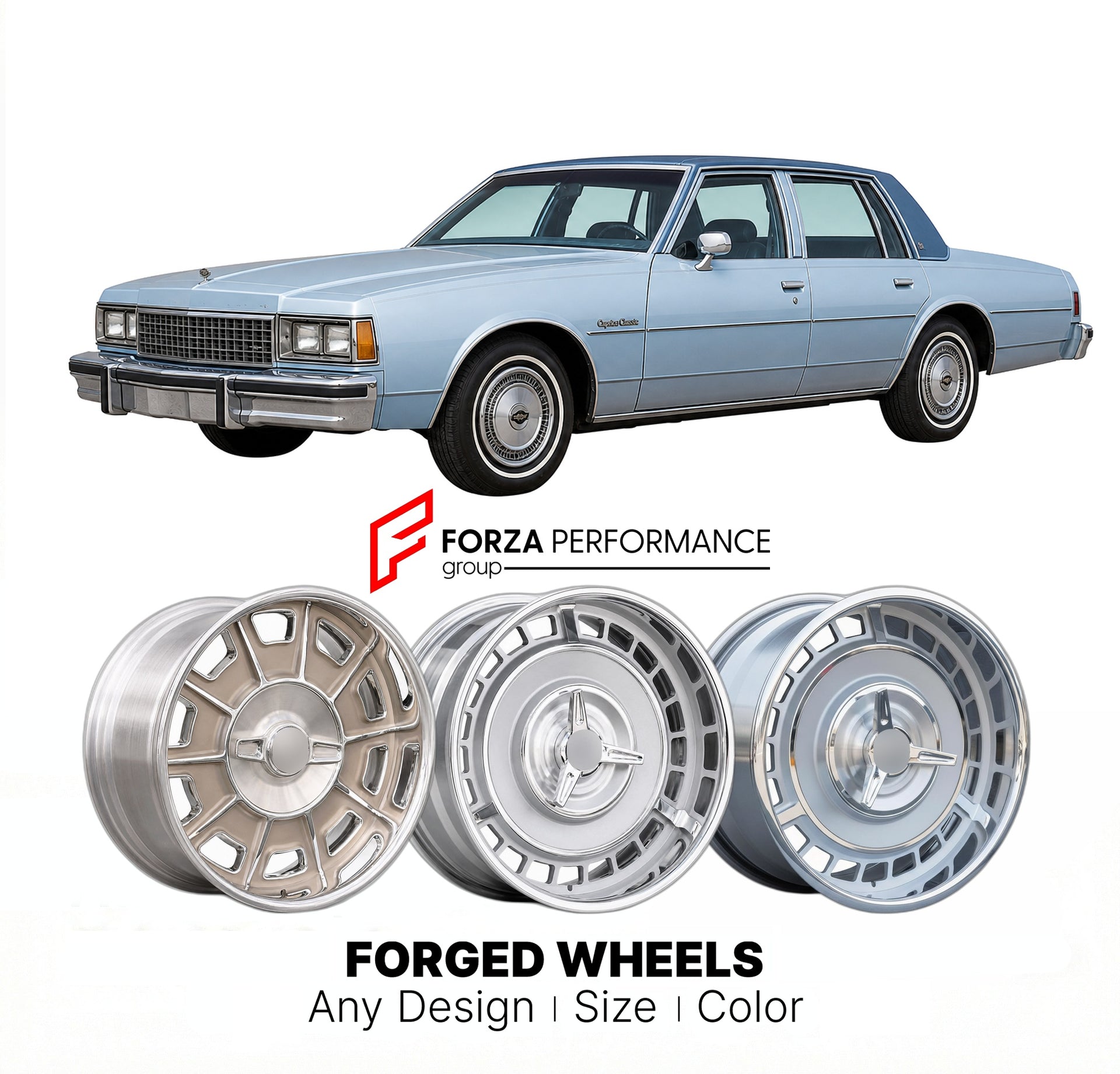 CUSTOM CLASSIC VINTAGE RESTOMOD RETRO OLD SCHOOL FORGED WHEELS RIMS for CHEVROLET CAPRICE CLASSIC 1977 - 1990
Custom forged wheels for classic American muscle cars. Ideal for restomod builds, vintage restorations, and show cars. Deep dish and retro styling available.

We manufacture premium quality forged wheels rims for Chevrolet Caprice Classic 1977 - 1990 in any design, size, color.

THIS WHEEL DESIGN CAN BE CUSTOM-MADE FOR YOUR CAR IN ANY SIZE AND COLOR OPTIONS
Available in monoblock, 2-piece, 3-piece, 