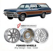 CUSTOM CLASSIC VINTAGE RESTOMOD RETRO OLD SCHOOL FORGED WHEELS RIMS for CHEVROLET CAPRICE ESTATE 1965 - 1970
Custom forged wheels for classic American muscle cars. Ideal for restomod builds, vintage restorations, and show cars. Deep dish and retro styling available.

We manufacture premium quality forged wheels rims for Chevrolet Caprice Estate 1965 - 1970 in any design, size, color.

THIS WHEEL DESIGN CAN BE CUSTOM-MADE FOR YOUR CAR IN ANY SIZE AND COLOR OPTIONS
Available in monoblock, 2-piece, 3-piece, du