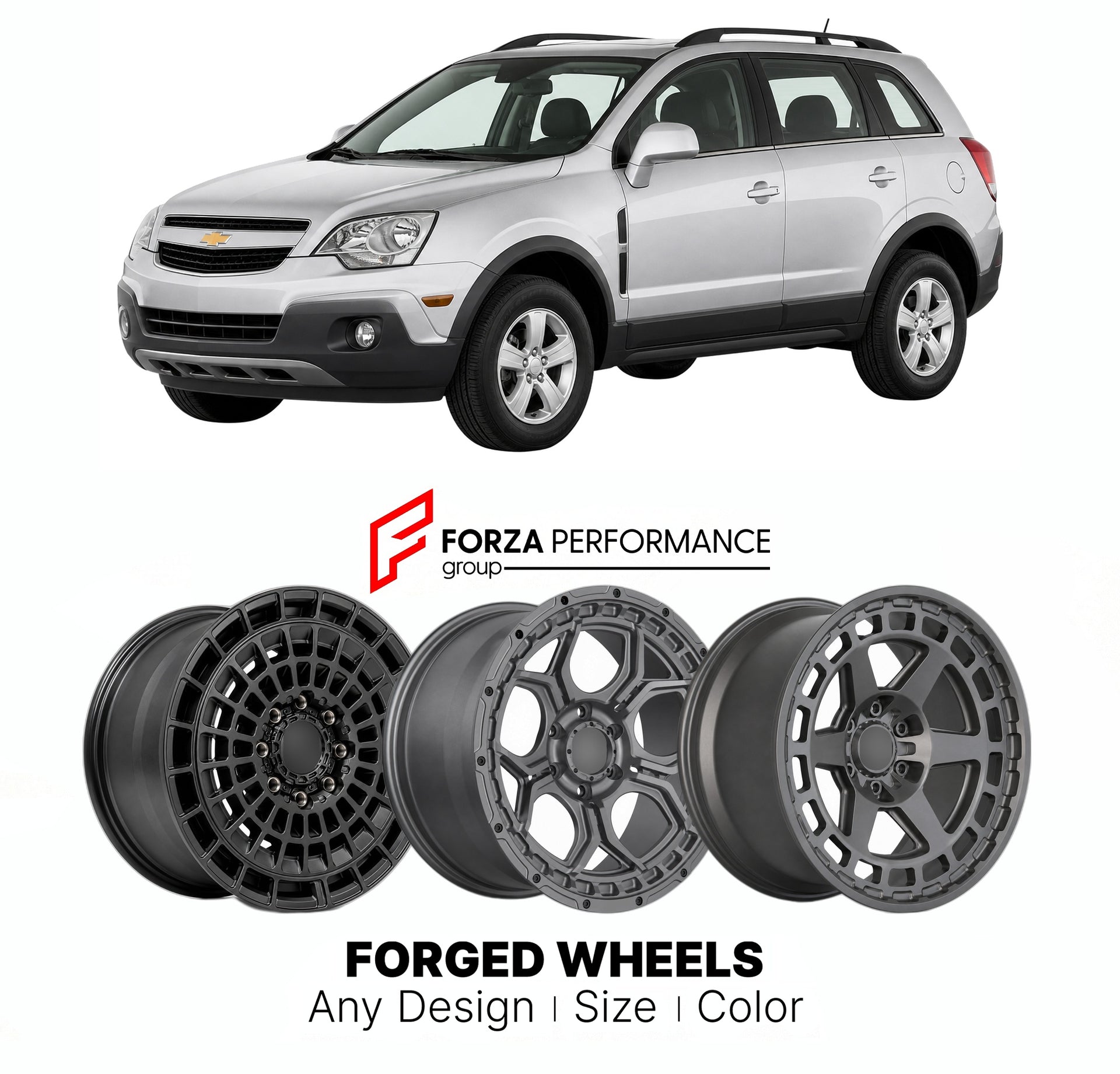 FORGED WHEELS RIMS for CHEVROLET CAPTIVA SPORT FLEET CROSSOVER 2012 - 2015

Custom forged wheels for Chevrolet Captiva Sport Fleet Crossover 2012 - 2015. Made-to-order monoblock, 2-piece and 3-piece rims in custom sizes, offsets, colors and finishes with guaranteed fitment.

We manufacture premium quality forged wheels rims for Chevrolet Captiva Sport Fleet Crossover 2012 - 2015 in any design, size, color.

THIS WHEEL DESIGN CAN BE CUSTOM-MADE FOR YOUR CAR IN ANY SIZE AND COLOR OPTIONS
Available in monobloc