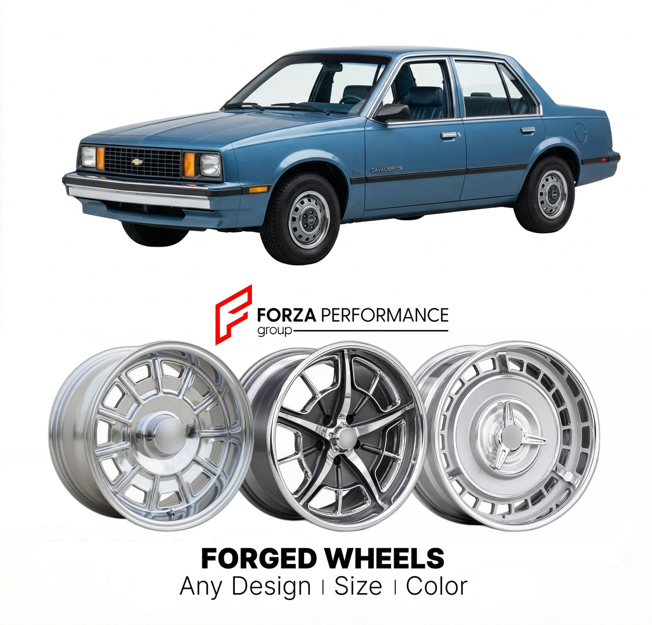 CUSTOM CLASSIC VINTAGE RESTOMOD RETRO OLD SCHOOL FORGED WHEELS RIMS for CHEVROLET CAVALIER 1982 - 1990
Custom forged wheels for classic American muscle cars. Ideal for restomod builds, vintage restorations, and show cars. Deep dish and retro styling available.

We manufacture premium quality forged wheels rims for Chevrolet Cavalier 1982 - 1990 in any design, size, color.

THIS WHEEL DESIGN CAN BE CUSTOM-MADE FOR YOUR CAR IN ANY SIZE AND COLOR OPTIONS
Available in monoblock, 2-piece, 3-piece, duoblock, bead