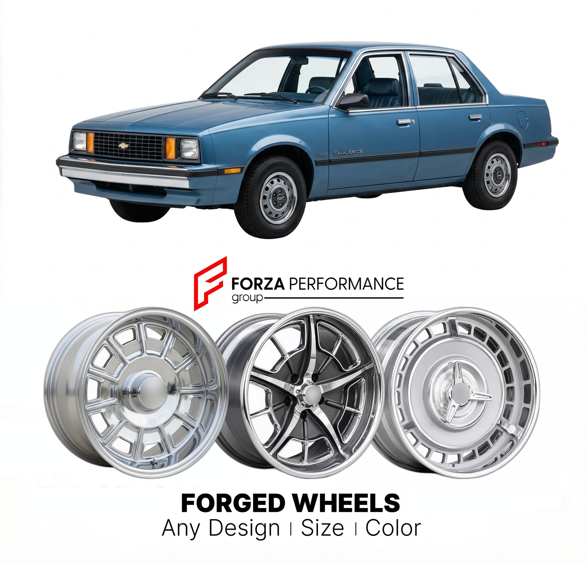 CUSTOM CLASSIC VINTAGE RESTOMOD RETRO OLD SCHOOL FORGED WHEELS RIMS for CHEVROLET CAVALIER 1982 - 1990
Custom forged wheels for classic American muscle cars. Ideal for restomod builds, vintage restorations, and show cars. Deep dish and retro styling available.

We manufacture premium quality forged wheels rims for Chevrolet Cavalier 1982 - 1990 in any design, size, color.

THIS WHEEL DESIGN CAN BE CUSTOM-MADE FOR YOUR CAR IN ANY SIZE AND COLOR OPTIONS
Available in monoblock, 2-piece, 3-piece, duoblock, bead