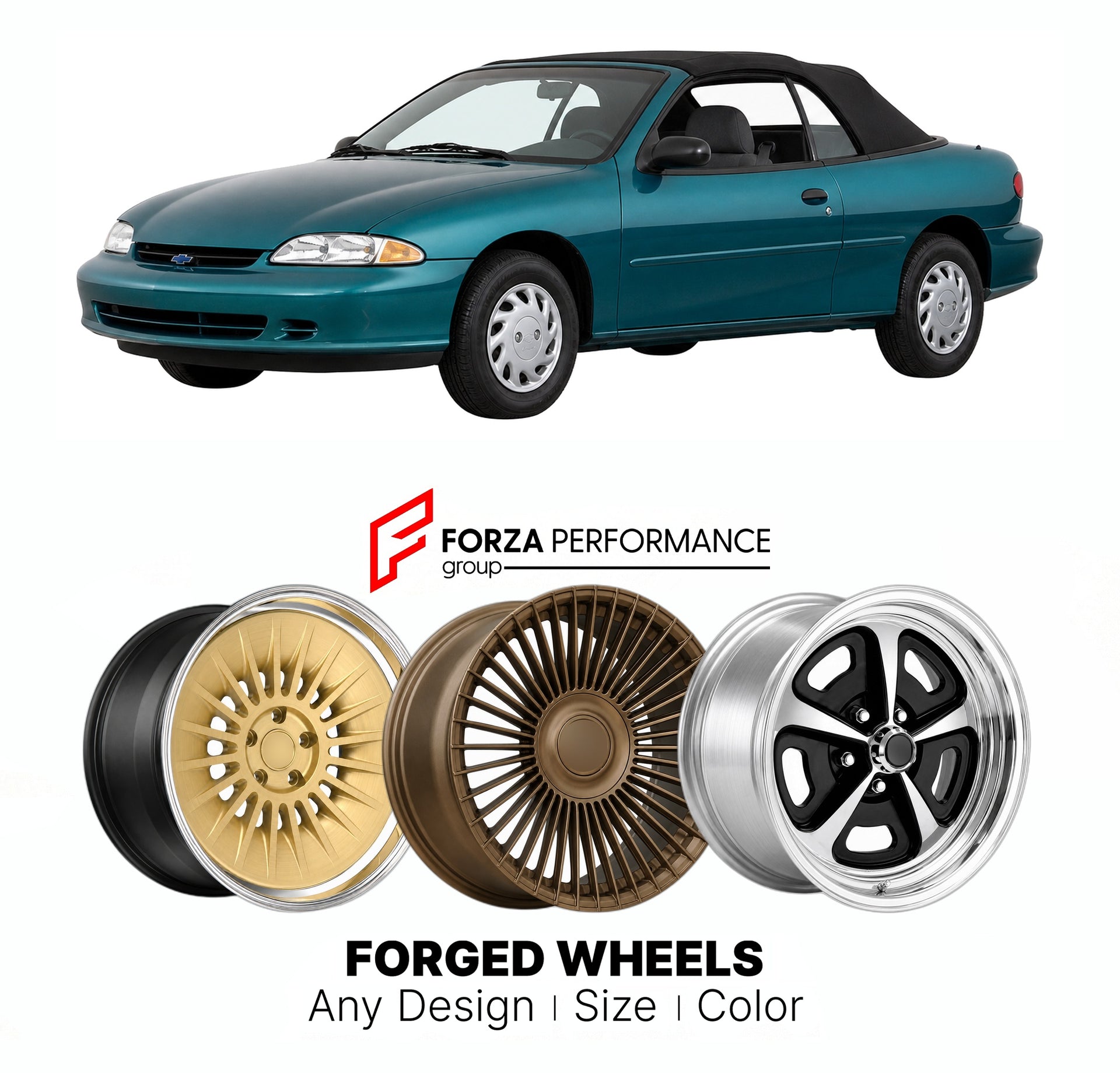 FORGED WHEELS RIMS for CHEVROLET CAVALIER CONVERTIBLE 1995 - 2005

Custom forged wheels for Chevrolet Cavalier Convertible 1995 - 2005. Made-to-order monoblock, 2-piece and 3-piece rims in custom sizes, offsets, colors and finishes with guaranteed fitment.

We manufacture premium quality forged wheels rims for Chevrolet Cavalier Convertible 1995 - 2005 in any design, size, color.

THIS WHEEL DESIGN CAN BE CUSTOM-MADE FOR YOUR CAR IN ANY SIZE AND COLOR OPTIONS
Available in monoblock, 2-piece, 3-piece, duoblo