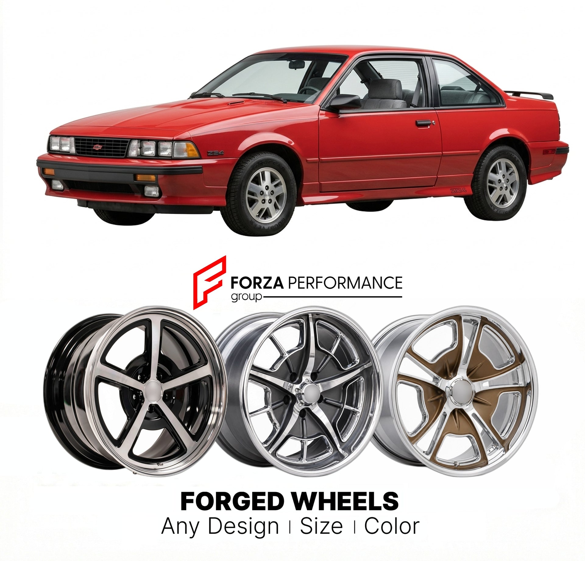 CUSTOM CLASSIC VINTAGE RESTOMOD RETRO OLD SCHOOL FORGED WHEELS RIMS for CHEVROLET CAVALIER Z24 1985 - 1988
Custom forged wheels for classic American muscle cars. Ideal for restomod builds, vintage restorations, and show cars. Deep dish and retro styling available.

We manufacture premium quality forged wheels rims for Chevrolet Cavalier Z24 1985 - 1988 in any design, size, color.

THIS WHEEL DESIGN CAN BE CUSTOM-MADE FOR YOUR CAR IN ANY SIZE AND COLOR OPTIONS
Available in monoblock, 2-piece, 3-piece, duoblo
