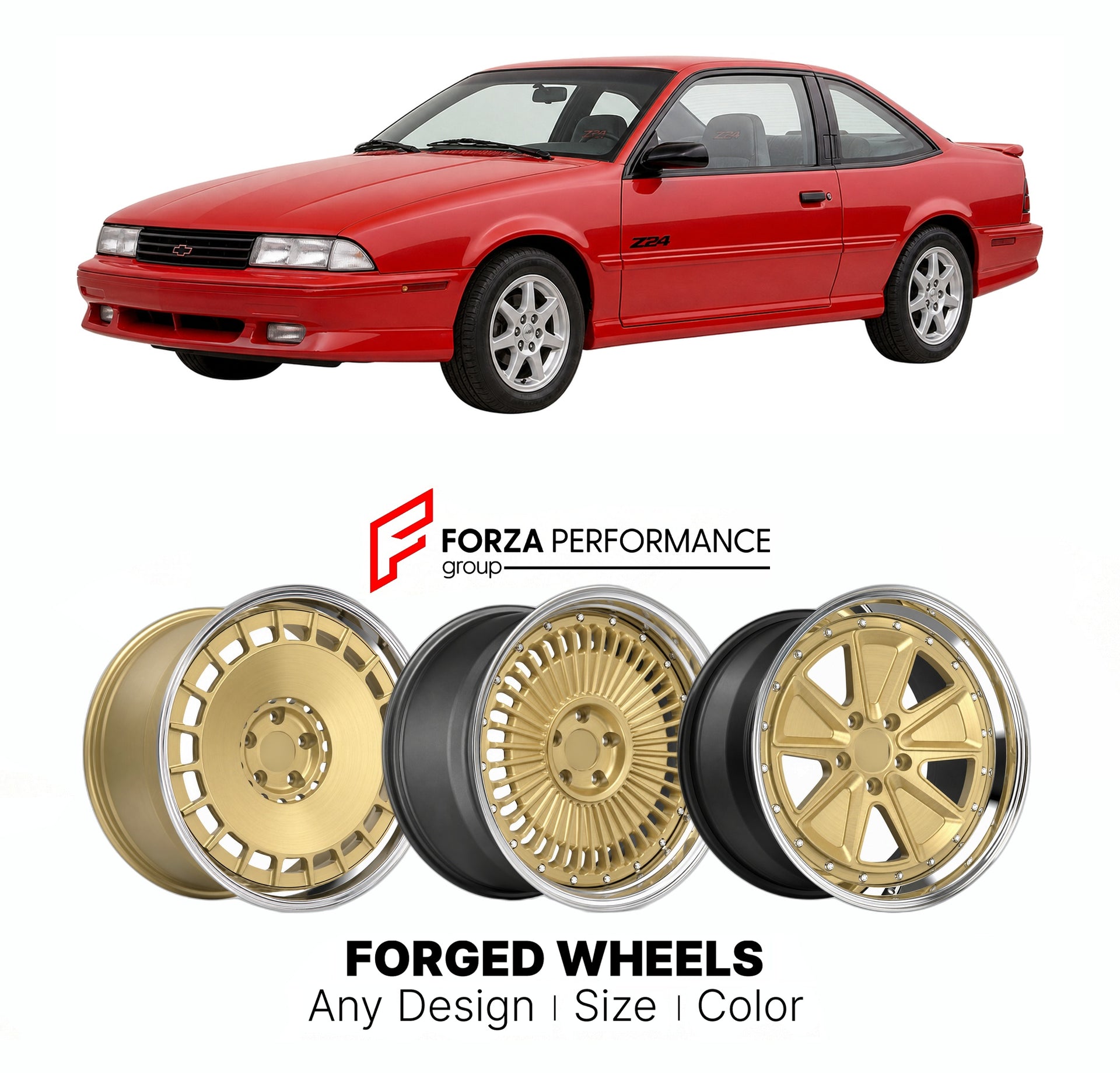FORGED WHEELS RIMS for CHEVROLET CAVALIER Z24 1990 - 1994

Custom forged wheels for Chevrolet Cavalier Z24 1990 - 1994. Made-to-order monoblock, 2-piece and 3-piece rims in custom sizes, offsets, colors and finishes with guaranteed fitment.

We manufacture premium quality forged wheels rims for Chevrolet Cavalier Z24 1990 - 1994 in any design, size, color.

THIS WHEEL DESIGN CAN BE CUSTOM-MADE FOR YOUR CAR IN ANY SIZE AND COLOR OPTIONS
Available in monoblock, 2-piece, 3-piece, duoblock, beadlock
3D wheel re
