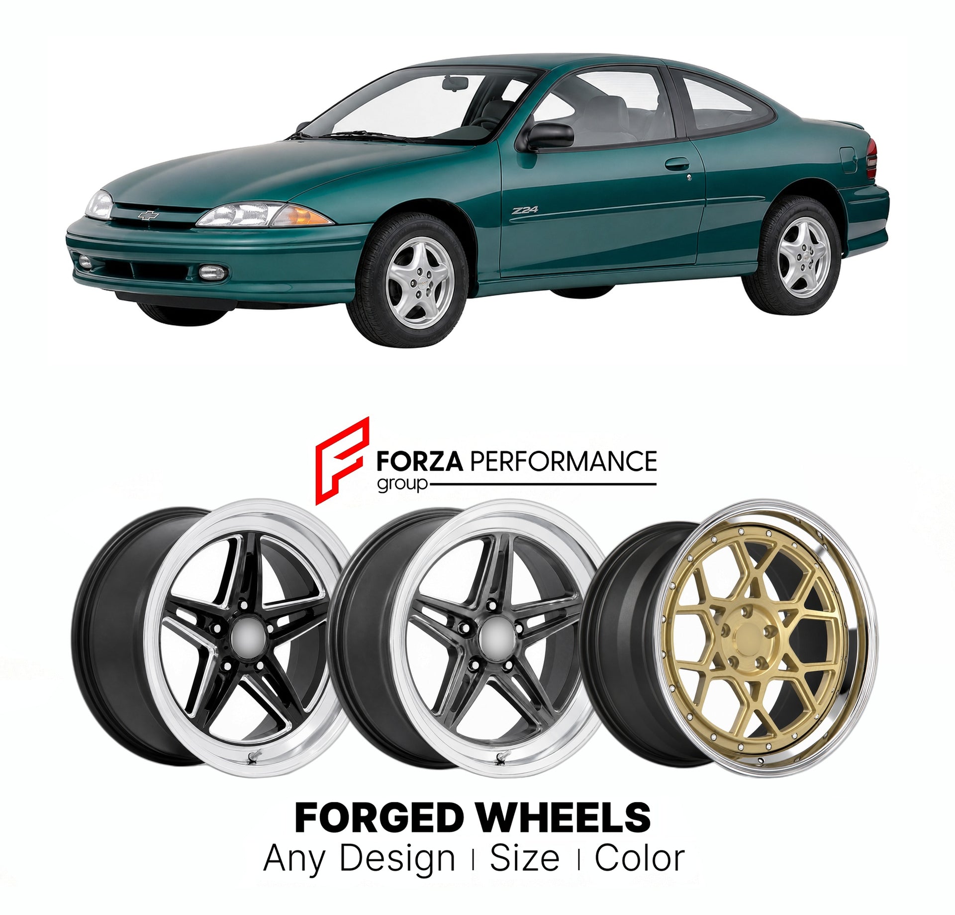 FORGED WHEELS RIMS for CHEVROLET CAVALIER Z24 1995 - 2005

Custom forged wheels for Chevrolet Cavalier Z24 1995 - 2005. Made-to-order monoblock, 2-piece and 3-piece rims in custom sizes, offsets, colors and finishes with guaranteed fitment.

We manufacture premium quality forged wheels rims for Chevrolet Cavalier Z24 1995 - 2005 in any design, size, color.

THIS WHEEL DESIGN CAN BE CUSTOM-MADE FOR YOUR CAR IN ANY SIZE AND COLOR OPTIONS
Available in monoblock, 2-piece, 3-piece, duoblock, beadlock
3D wheel re