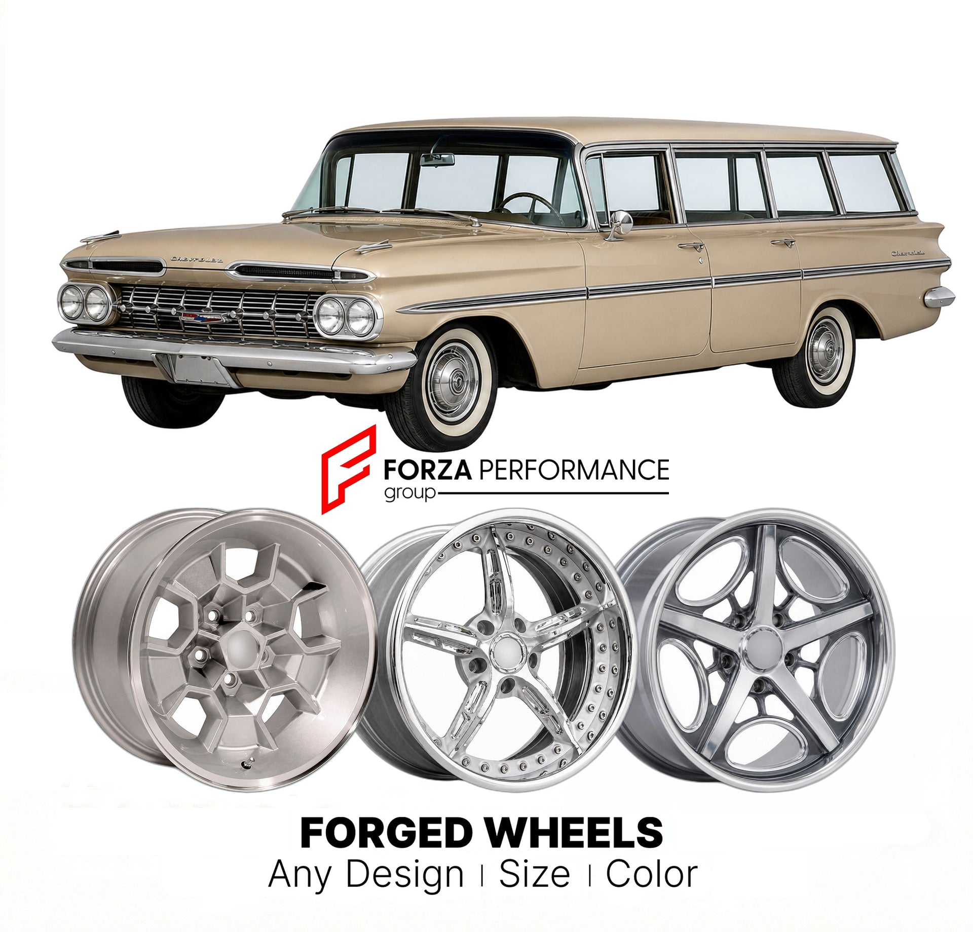 CUSTOM CLASSIC VINTAGE RESTOMOD RETRO OLD SCHOOL FORGED WHEELS RIMS for CHEVROLET CEDARWOOD 1959 - 1959
Custom forged wheels for classic American muscle cars. Ideal for restomod builds, vintage restorations, and show cars. Deep dish and retro styling available.

We manufacture premium quality forged wheels rims for Chevrolet Cedarwood 1959 - 1959 in any design, size, color.

THIS WHEEL DESIGN CAN BE CUSTOM-MADE FOR YOUR CAR IN ANY SIZE AND COLOR OPTIONS
Available in monoblock, 2-piece, 3-piece, duoblock, be
