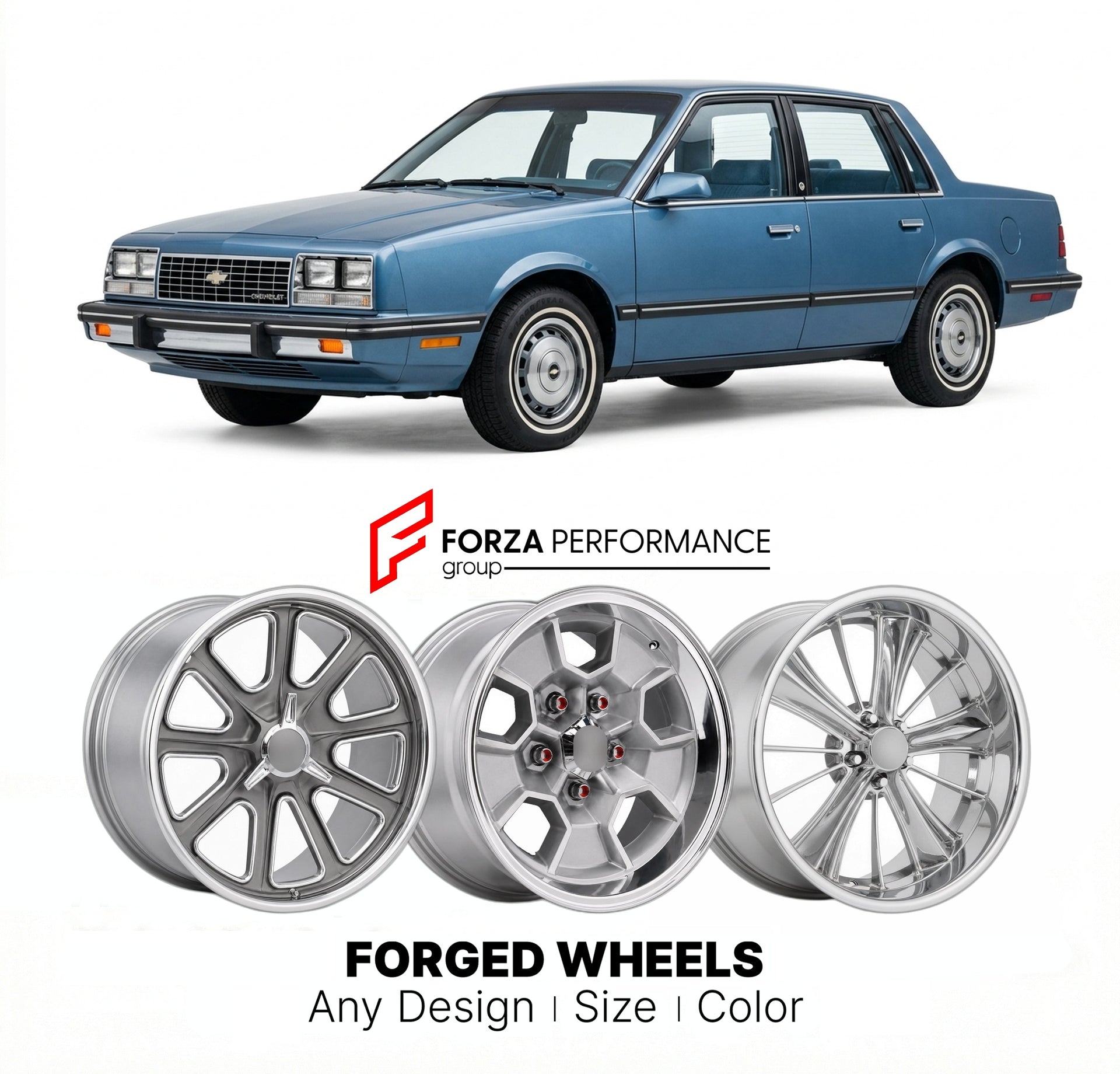 CUSTOM CLASSIC VINTAGE RESTOMOD RETRO OLD SCHOOL FORGED WHEELS RIMS for CHEVROLET CELEBRITY 1982 - 1990
Custom forged wheels for classic American muscle cars. Ideal for restomod builds, vintage restorations, and show cars. Deep dish and retro styling available.

We manufacture premium quality forged wheels rims for Chevrolet Celebrity 1982 - 1990 in any design, size, color.

THIS WHEEL DESIGN CAN BE CUSTOM-MADE FOR YOUR CAR IN ANY SIZE AND COLOR OPTIONS
Available in monoblock, 2-piece, 3-piece, duoblock, be