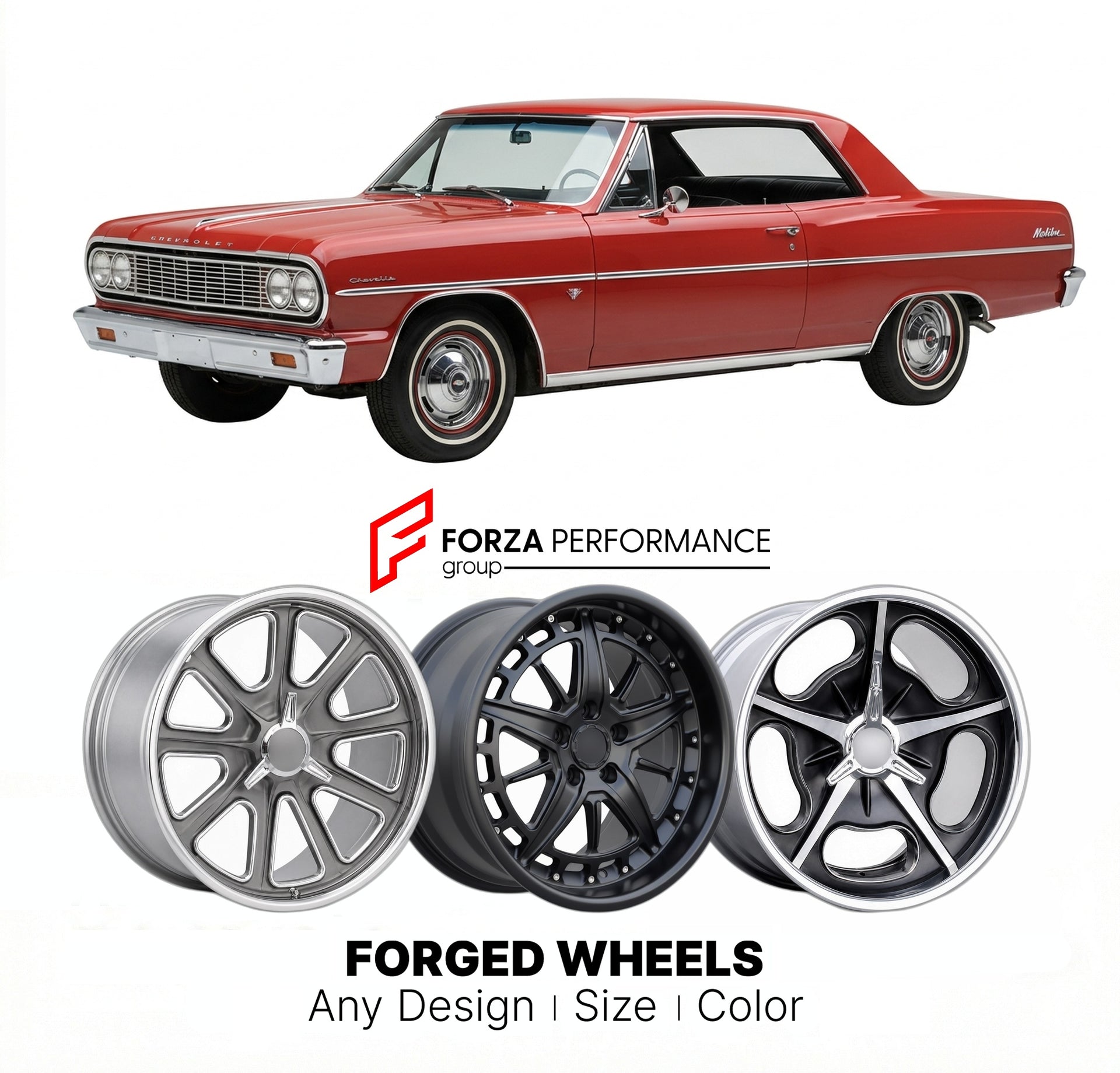 CUSTOM CLASSIC VINTAGE RESTOMOD RETRO OLD SCHOOL FORGED WHEELS RIMS for CHEVROLET CHEVELLE 1964 - 1967
Custom forged wheels for classic American muscle cars. Ideal for restomod builds, vintage restorations, and show cars. Deep dish and retro styling available.

We manufacture premium quality forged wheels rims for Chevrolet Chevelle 1964 - 1967 in any design, size, color.

THIS WHEEL DESIGN CAN BE CUSTOM-MADE FOR YOUR CAR IN ANY SIZE AND COLOR OPTIONS
Available in monoblock, 2-piece, 3-piece, duoblock, bead