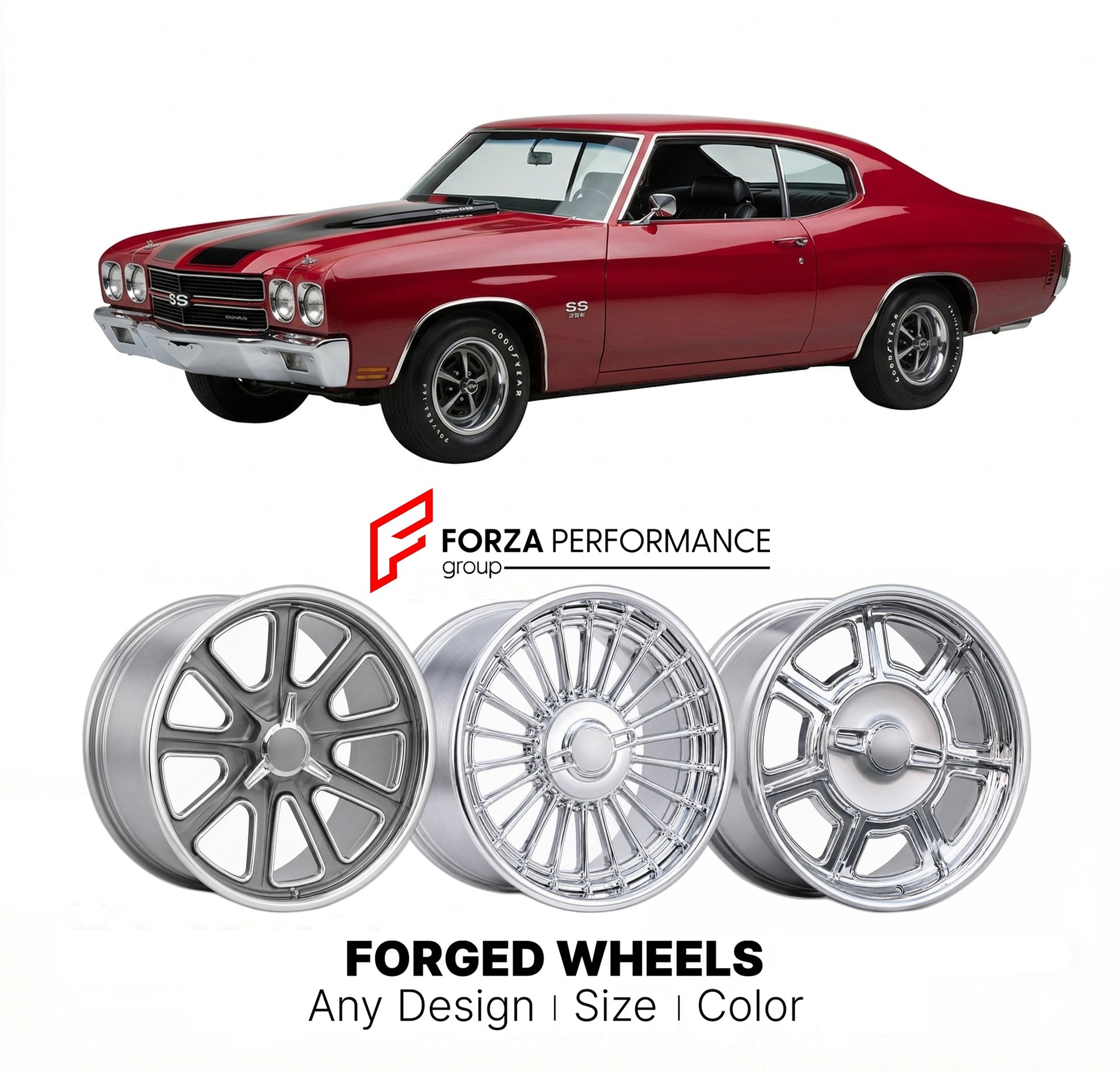 CUSTOM CLASSIC VINTAGE RESTOMOD RETRO OLD SCHOOL FORGED WHEELS RIMS for CHEVROLET CHEVELLE 1968 - 1972
Custom forged wheels for classic American muscle cars. Ideal for restomod builds, vintage restorations, and show cars. Deep dish and retro styling available.

We manufacture premium quality forged wheels rims for Chevrolet Chevelle 1968 - 1972 in any design, size, color.

THIS WHEEL DESIGN CAN BE CUSTOM-MADE FOR YOUR CAR IN ANY SIZE AND COLOR OPTIONS
Available in monoblock, 2-piece, 3-piece, duoblock, bead