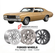 CUSTOM CLASSIC VINTAGE RESTOMOD RETRO OLD SCHOOL FORGED WHEELS RIMS for CHEVROLET CHEVELLE 1973 - 1977
Custom forged wheels for classic American muscle cars. Ideal for restomod builds, vintage restorations, and show cars. Deep dish and retro styling available.

We manufacture premium quality forged wheels rims for Chevrolet Chevelle 1973 - 1977 in any design, size, color.

THIS WHEEL DESIGN CAN BE CUSTOM-MADE FOR YOUR CAR IN ANY SIZE AND COLOR OPTIONS
Available in monoblock, 2-piece, 3-piece, duoblock, bead
