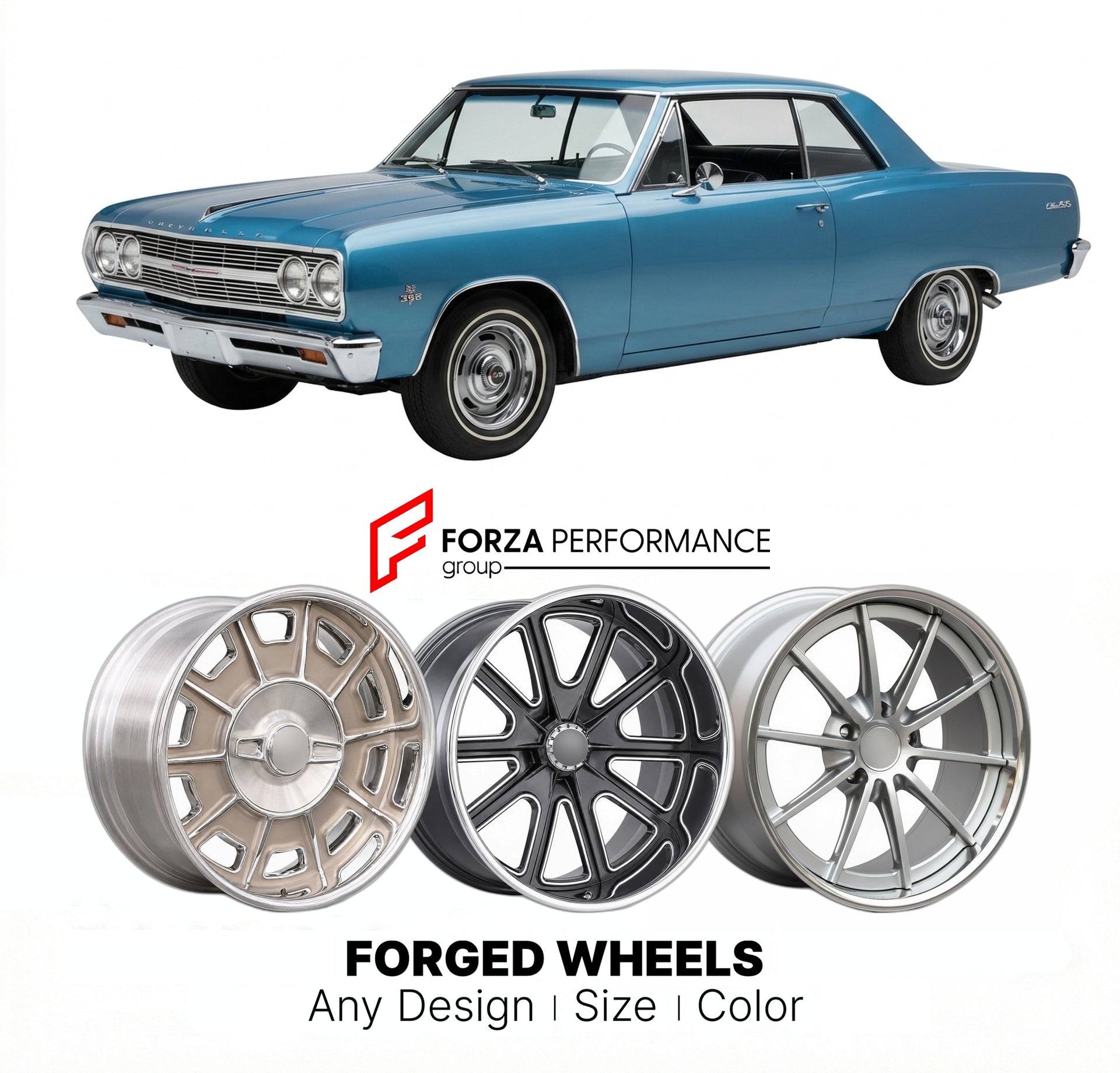 CUSTOM CLASSIC VINTAGE RESTOMOD RETRO OLD SCHOOL FORGED WHEELS RIMS for CHEVROLET CHEVELLE L78 1965 - 1966
Custom forged wheels for classic American muscle cars. Ideal for restomod builds, vintage restorations, and show cars. Deep dish and retro styling available.

We manufacture premium quality forged wheels rims for Chevrolet Chevelle L78 1965 - 1966 in any design, size, color.

THIS WHEEL DESIGN CAN BE CUSTOM-MADE FOR YOUR CAR IN ANY SIZE AND COLOR OPTIONS
Available in monoblock, 2-piece, 3-piece, duoblo