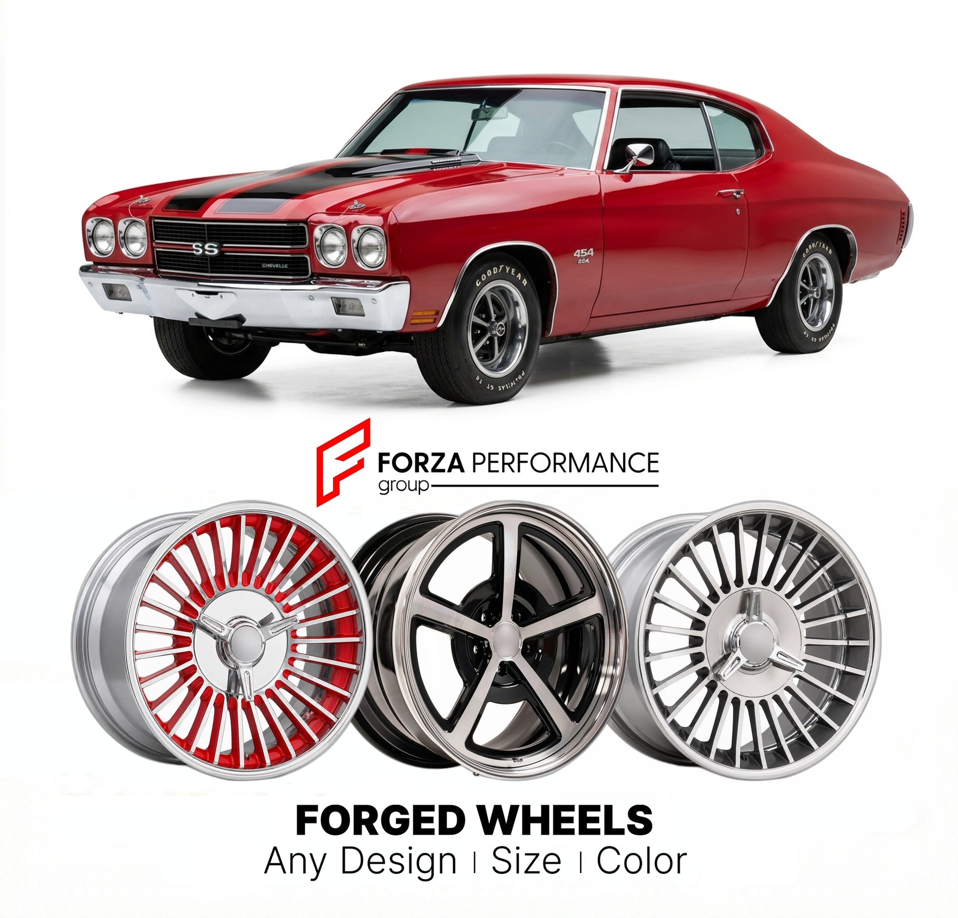 CUSTOM CLASSIC VINTAGE RESTOMOD RETRO OLD SCHOOL FORGED WHEELS RIMS for CHEVROLET CHEVELLE SS 1968 - 1972
Custom forged wheels for classic American muscle cars. Ideal for restomod builds, vintage restorations, and show cars. Deep dish and retro styling available.

We manufacture premium quality forged wheels rims for Chevrolet Chevelle SS 1968 - 1972 in any design, size, color.

THIS WHEEL DESIGN CAN BE CUSTOM-MADE FOR YOUR CAR IN ANY SIZE AND COLOR OPTIONS
Available in monoblock, 2-piece, 3-piece, duoblock