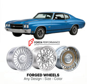 CUSTOM CLASSIC VINTAGE RESTOMOD RETRO OLD SCHOOL FORGED WHEELS RIMS for CHEVROLET CHEVELLE SS 1973 - 1973
Custom forged wheels for classic American muscle cars. Ideal for restomod builds, vintage restorations, and show cars. Deep dish and retro styling available.

We manufacture premium quality forged wheels rims for Chevrolet Chevelle SS 1973 - 1973 in any design, size, color.

THIS WHEEL DESIGN CAN BE CUSTOM-MADE FOR YOUR CAR IN ANY SIZE AND COLOR OPTIONS
Available in monoblock, 2-piece, 3-piece, duoblock