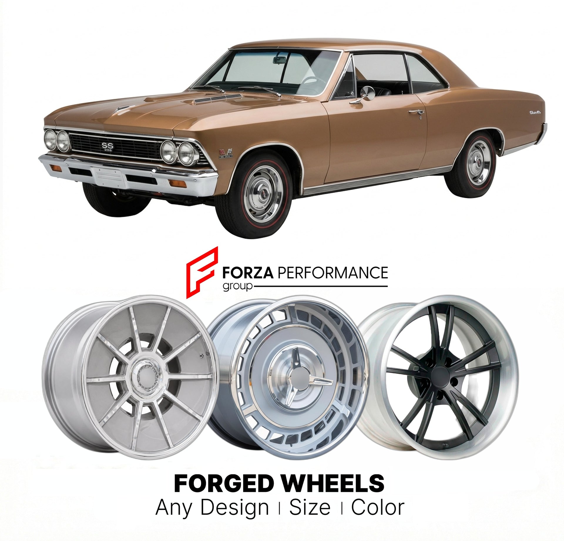 CUSTOM CLASSIC VINTAGE RESTOMOD RETRO OLD SCHOOL FORGED WHEELS RIMS for CHEVROLET CHEVELLE SS 396 1966 - 1967
Custom forged wheels for classic American muscle cars. Ideal for restomod builds, vintage restorations, and show cars. Deep dish and retro styling available.

We manufacture premium quality forged wheels rims for Chevrolet Chevelle SS 396 1966 - 1967 in any design, size, color.

THIS WHEEL DESIGN CAN BE CUSTOM-MADE FOR YOUR CAR IN ANY SIZE AND COLOR OPTIONS
Available in monoblock, 2-piece, 3-piece, 