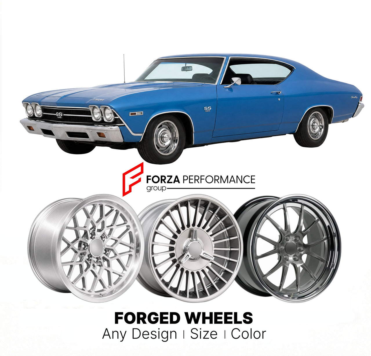 CUSTOM CLASSIC VINTAGE RESTOMOD RETRO OLD SCHOOL FORGED WHEELS RIMS for CHEVROLET CHEVELLE SS 396 1968 - 1968
Custom forged wheels for classic American muscle cars. Ideal for restomod builds, vintage restorations, and show cars. Deep dish and retro styling available.

We manufacture premium quality forged wheels rims for Chevrolet Chevelle SS 396 1968 - 1968 in any design, size, color.

THIS WHEEL DESIGN CAN BE CUSTOM-MADE FOR YOUR CAR IN ANY SIZE AND COLOR OPTIONS
Available in monoblock, 2-piece, 3-piece, 