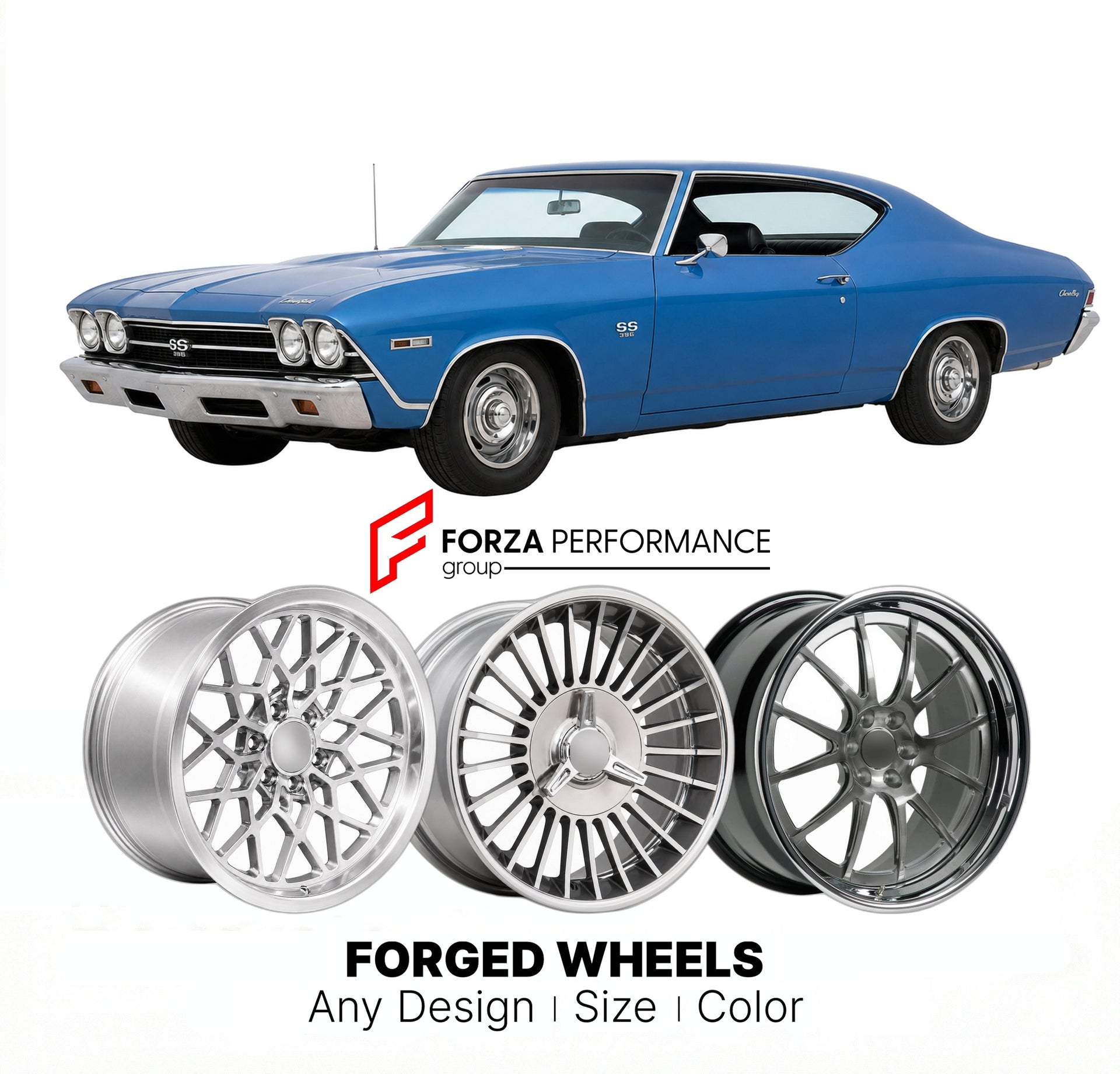 CUSTOM CLASSIC VINTAGE RESTOMOD RETRO OLD SCHOOL FORGED WHEELS RIMS for CHEVROLET CHEVELLE SS 396 1968 - 1968
Custom forged wheels for classic American muscle cars. Ideal for restomod builds, vintage restorations, and show cars. Deep dish and retro styling available.

We manufacture premium quality forged wheels rims for Chevrolet Chevelle SS 396 1968 - 1968 in any design, size, color.

THIS WHEEL DESIGN CAN BE CUSTOM-MADE FOR YOUR CAR IN ANY SIZE AND COLOR OPTIONS
Available in monoblock, 2-piece, 3-piece, 