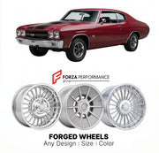 CUSTOM CLASSIC VINTAGE RESTOMOD RETRO OLD SCHOOL FORGED WHEELS RIMS for CHEVROLET CHEVELLE SS 454 1970 - 1972
Custom forged wheels for classic American muscle cars. Ideal for restomod builds, vintage restorations, and show cars. Deep dish and retro styling available.

We manufacture premium quality forged wheels rims for Chevrolet Chevelle SS 454 1970 - 1972 in any design, size, color.

THIS WHEEL DESIGN CAN BE CUSTOM-MADE FOR YOUR CAR IN ANY SIZE AND COLOR OPTIONS
Available in monoblock, 2-piece, 3-piece, 