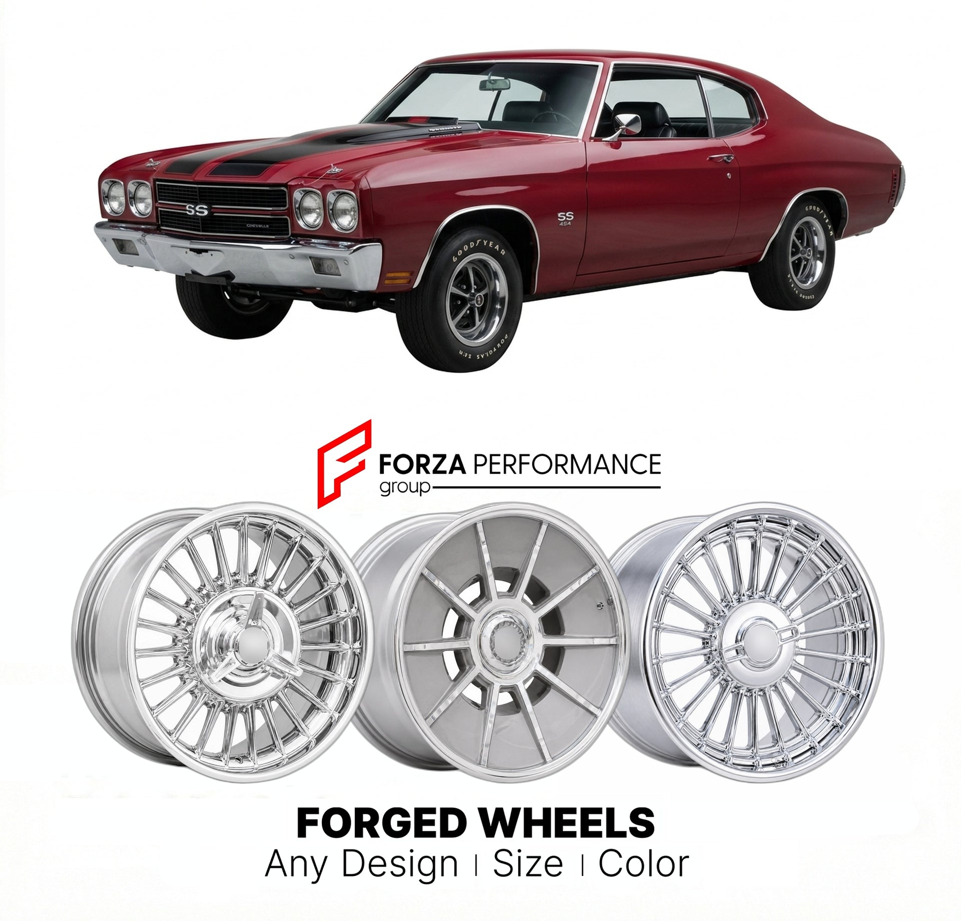 CUSTOM CLASSIC VINTAGE RESTOMOD RETRO OLD SCHOOL FORGED WHEELS RIMS for CHEVROLET CHEVELLE SS 454 1970 - 1972
Custom forged wheels for classic American muscle cars. Ideal for restomod builds, vintage restorations, and show cars. Deep dish and retro styling available.

We manufacture premium quality forged wheels rims for Chevrolet Chevelle SS 454 1970 - 1972 in any design, size, color.

THIS WHEEL DESIGN CAN BE CUSTOM-MADE FOR YOUR CAR IN ANY SIZE AND COLOR OPTIONS
Available in monoblock, 2-piece, 3-piece, 