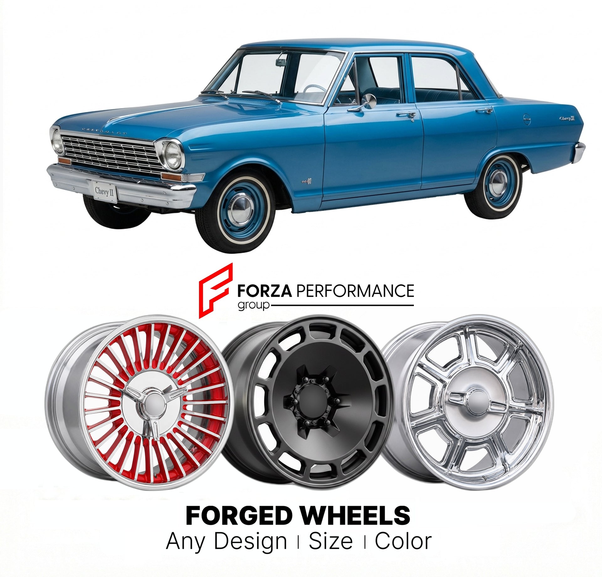 CUSTOM CLASSIC VINTAGE RESTOMOD RETRO OLD SCHOOL FORGED WHEELS RIMS for CHEVROLET CHEVY II 1962 - 1968
Custom forged wheels for classic American muscle cars. Ideal for restomod builds, vintage restorations, and show cars. Deep dish and retro styling available.

We manufacture premium quality forged wheels rims for Chevrolet Chevy II 1962 - 1968 in any design, size, color.

THIS WHEEL DESIGN CAN BE CUSTOM-MADE FOR YOUR CAR IN ANY SIZE AND COLOR OPTIONS
Available in monoblock, 2-piece, 3-piece, duoblock, bead
