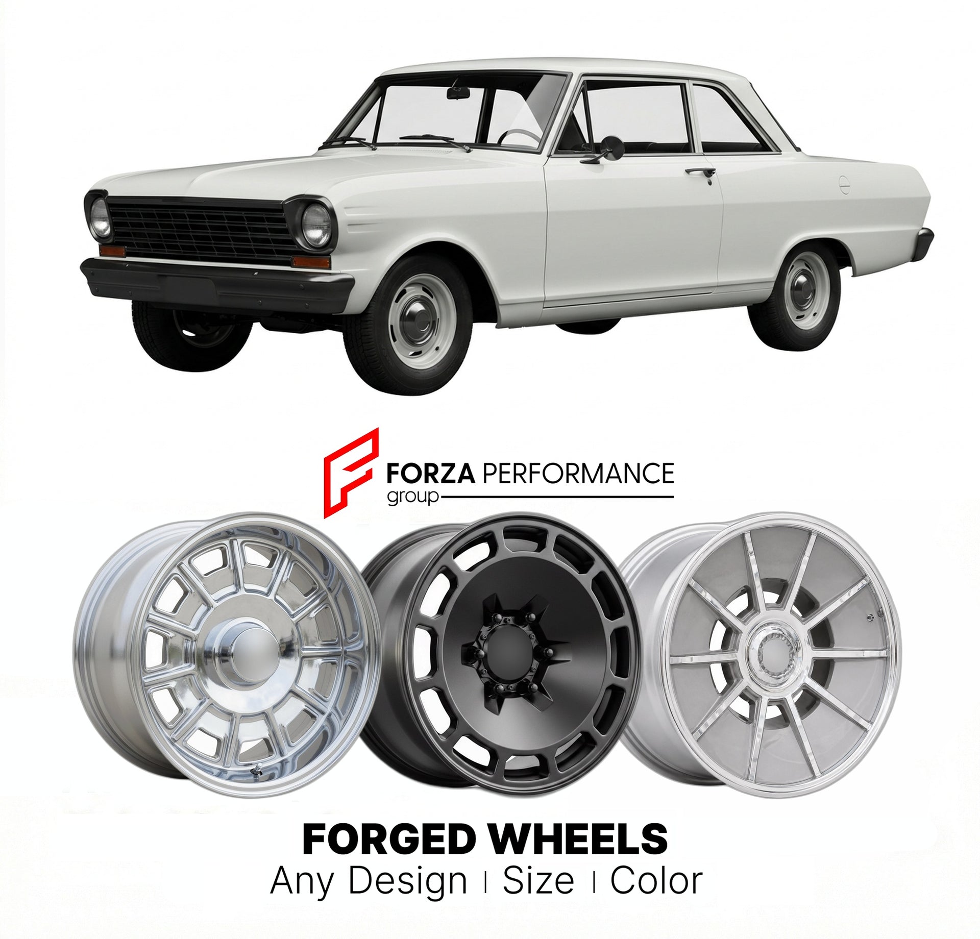 CUSTOM CLASSIC VINTAGE RESTOMOD RETRO OLD SCHOOL FORGED WHEELS RIMS for CHEVROLET CHEVY II NOVA 1962 - 1979
Custom forged wheels for classic American muscle cars. Ideal for restomod builds, vintage restorations, and show cars. Deep dish and retro styling available.

We manufacture premium quality forged wheels rims for Chevrolet Chevy II Nova 1962 - 1979 in any design, size, color.

THIS WHEEL DESIGN CAN BE CUSTOM-MADE FOR YOUR CAR IN ANY SIZE AND COLOR OPTIONS
Available in monoblock, 2-piece, 3-piece, duob