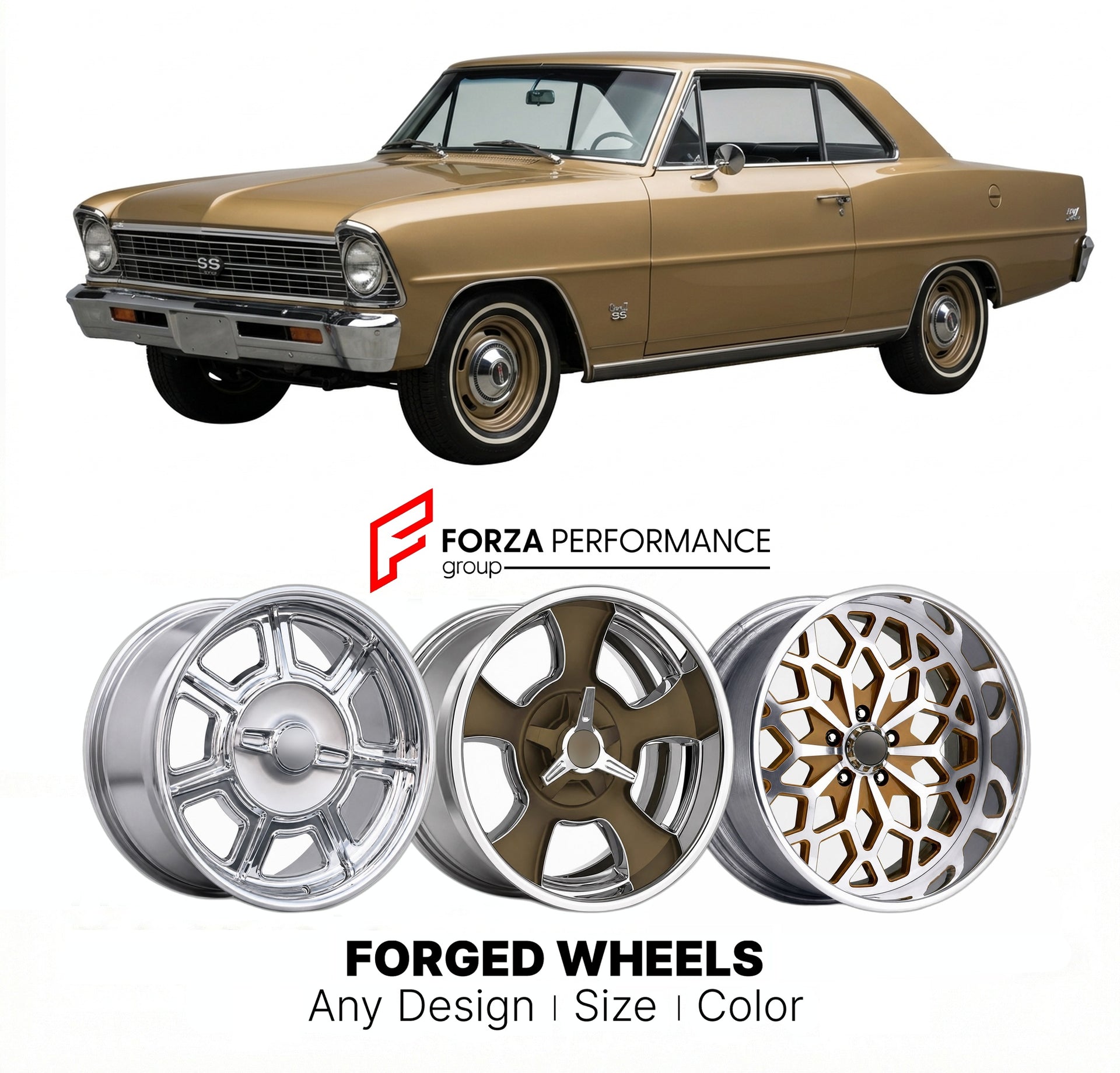 CUSTOM CLASSIC VINTAGE RESTOMOD RETRO OLD SCHOOL FORGED WHEELS RIMS for CHEVROLET CHEVY II SS327 1966 - 1967
Custom forged wheels for classic American muscle cars. Ideal for restomod builds, vintage restorations, and show cars. Deep dish and retro styling available.

We manufacture premium quality forged wheels rims for Chevrolet Chevy II SS327 1966 - 1967 in any design, size, color.

THIS WHEEL DESIGN CAN BE CUSTOM-MADE FOR YOUR CAR IN ANY SIZE AND COLOR OPTIONS
Available in monoblock, 2-piece, 3-piece, du