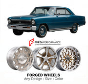 CUSTOM CLASSIC VINTAGE RESTOMOD RETRO OLD SCHOOL FORGED WHEELS RIMS for CHEVROLET CHEVY II SS 1966 - 1967
Custom forged wheels for classic American muscle cars. Ideal for restomod builds, vintage restorations, and show cars. Deep dish and retro styling available.

We manufacture premium quality forged wheels rims for Chevrolet Chevy II SS 1966 - 1967 in any design, size, color.

THIS WHEEL DESIGN CAN BE CUSTOM-MADE FOR YOUR CAR IN ANY SIZE AND COLOR OPTIONS
Available in monoblock, 2-piece, 3-piece, duoblock