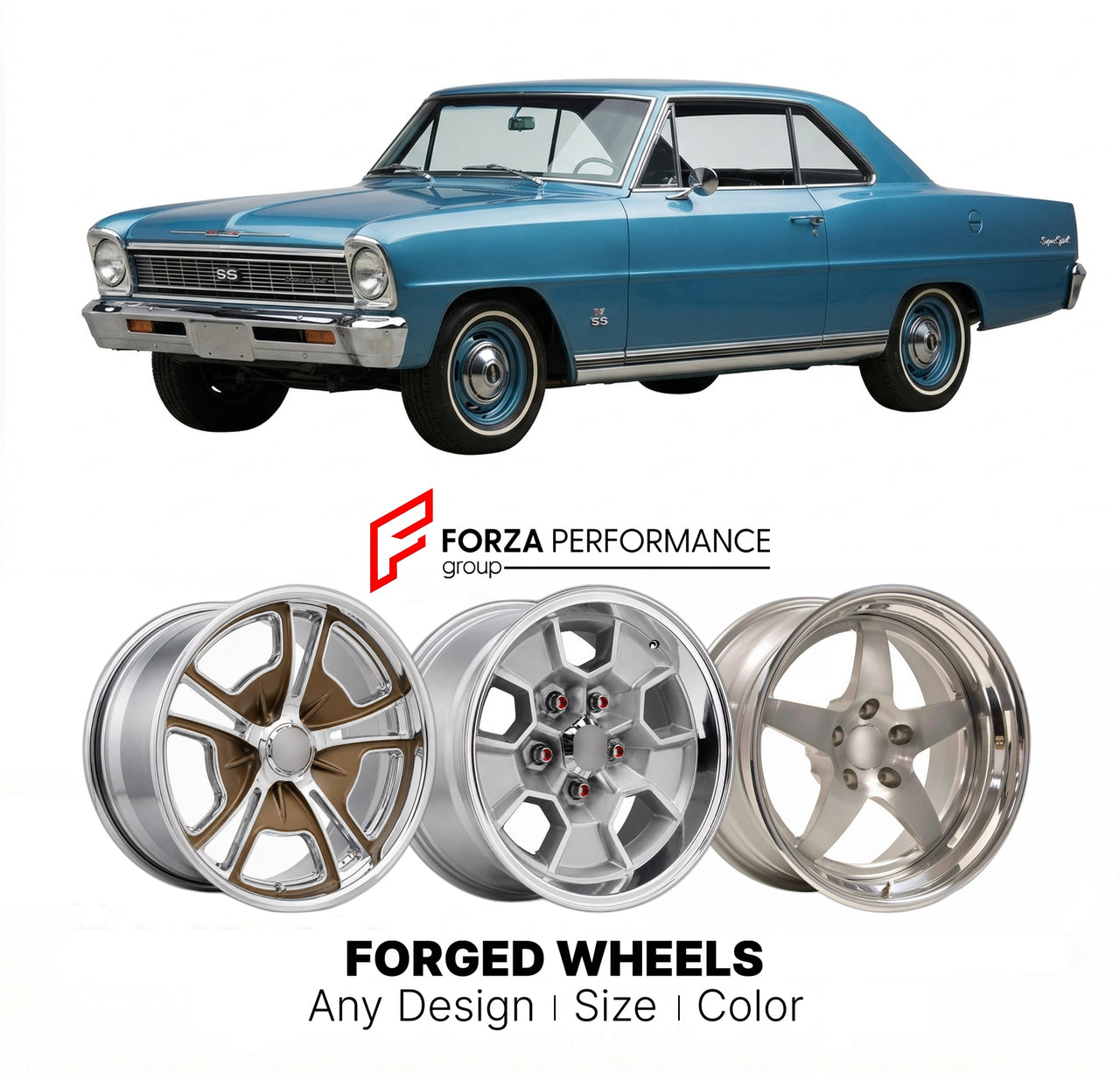 CUSTOM CLASSIC VINTAGE RESTOMOD RETRO OLD SCHOOL FORGED WHEELS RIMS for CHEVROLET CHEVY II SS 327 1966 - 1967
Custom forged wheels for classic American muscle cars. Ideal for restomod builds, vintage restorations, and show cars. Deep dish and retro styling available.

We manufacture premium quality forged wheels rims for Chevrolet Chevy II SS 327 1966 - 1967 in any design, size, color.

THIS WHEEL DESIGN CAN BE CUSTOM-MADE FOR YOUR CAR IN ANY SIZE AND COLOR OPTIONS
Available in monoblock, 2-piece, 3-piece, 
