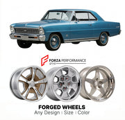 CUSTOM CLASSIC VINTAGE RESTOMOD RETRO OLD SCHOOL FORGED WHEELS RIMS for CHEVROLET CHEVY II SS 327 1966 - 1967
Custom forged wheels for classic American muscle cars. Ideal for restomod builds, vintage restorations, and show cars. Deep dish and retro styling available.

We manufacture premium quality forged wheels rims for Chevrolet Chevy II SS 327 1966 - 1967 in any design, size, color.

THIS WHEEL DESIGN CAN BE CUSTOM-MADE FOR YOUR CAR IN ANY SIZE AND COLOR OPTIONS
Available in monoblock, 2-piece, 3-piece, 