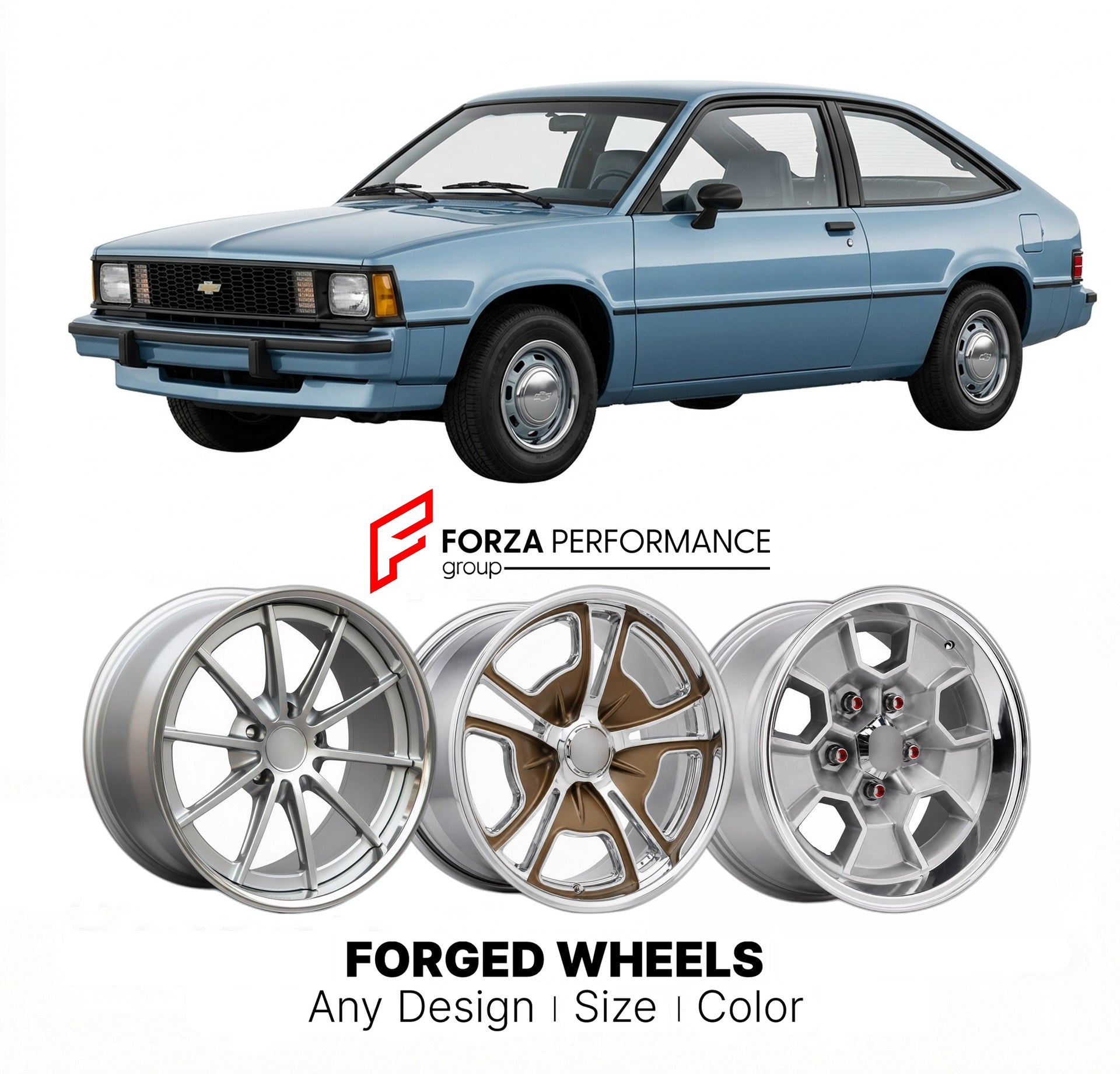 CUSTOM CLASSIC VINTAGE RESTOMOD RETRO OLD SCHOOL FORGED WHEELS RIMS for CHEVROLET CITATION 1980 - 1985
Custom forged wheels for classic American muscle cars. Ideal for restomod builds, vintage restorations, and show cars. Deep dish and retro styling available.

We manufacture premium quality forged wheels rims for Chevrolet Citation 1980 - 1985 in any design, size, color.

THIS WHEEL DESIGN CAN BE CUSTOM-MADE FOR YOUR CAR IN ANY SIZE AND COLOR OPTIONS
Available in monoblock, 2-piece, 3-piece, duoblock, bead
