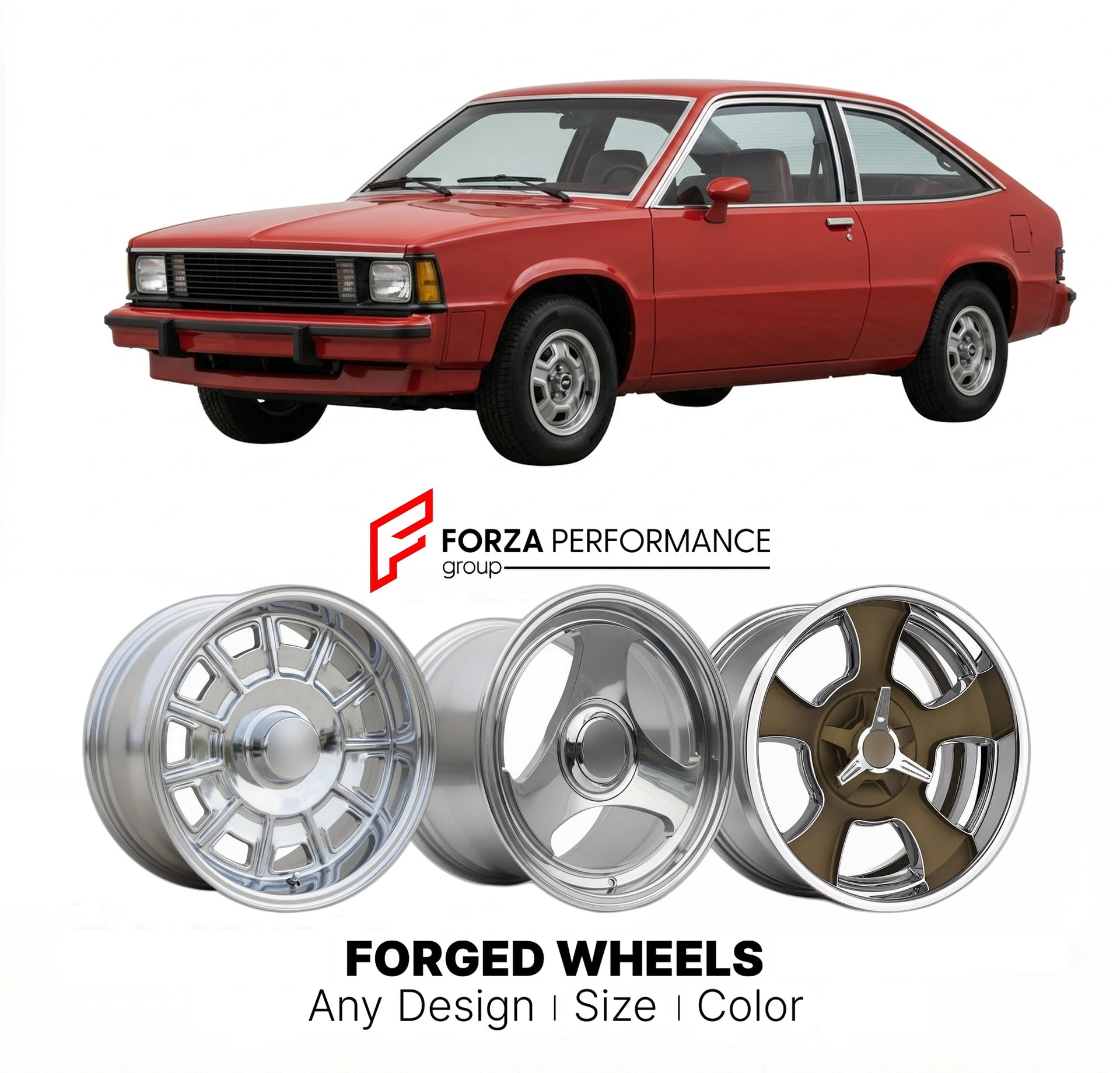 CUSTOM CLASSIC VINTAGE RESTOMOD RETRO OLD SCHOOL FORGED WHEELS RIMS for CHEVROLET CITATION X-11 1980 - 1985
Custom forged wheels for classic American muscle cars. Ideal for restomod builds, vintage restorations, and show cars. Deep dish and retro styling available.

We manufacture premium quality forged wheels rims for Chevrolet Citation X-11 1980 - 1985 in any design, size, color.

THIS WHEEL DESIGN CAN BE CUSTOM-MADE FOR YOUR CAR IN ANY SIZE AND COLOR OPTIONS
Available in monoblock, 2-piece, 3-piece, duob