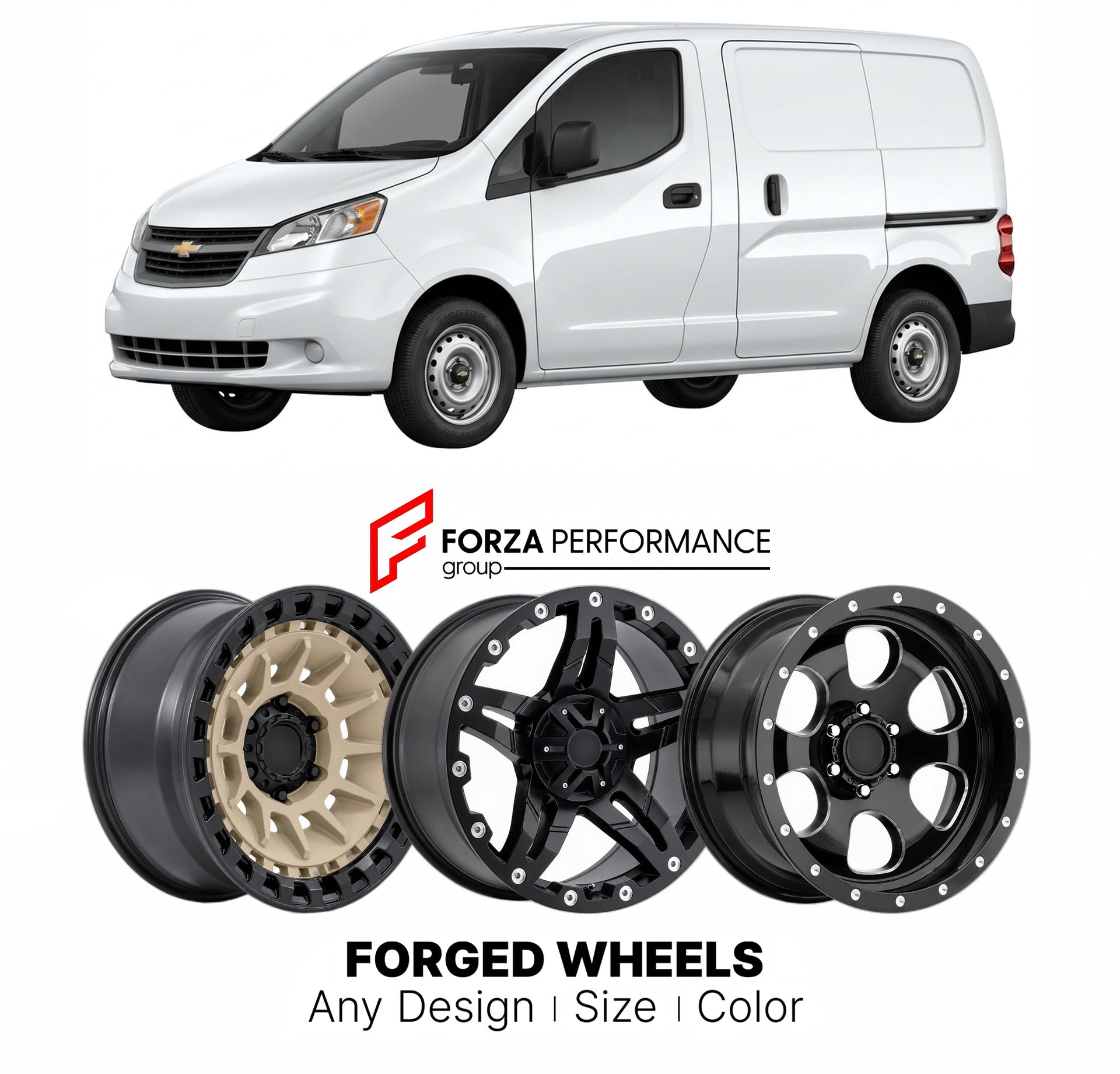 FORGED WHEELS RIMS for CHEVROLET CITY EXPRESS 2015 - 2018

Custom forged wheels for Chevrolet City Express 2015 - 2018. Made-to-order monoblock, 2-piece and 3-piece rims in custom sizes, offsets, colors and finishes with guaranteed fitment.

We manufacture premium quality forged wheels rims for Chevrolet City Express 2015 - 2018 in any design, size, color.

THIS WHEEL DESIGN CAN BE CUSTOM-MADE FOR YOUR CAR IN ANY SIZE AND COLOR OPTIONS
Available in monoblock, 2-piece, 3-piece, duoblock, beadlock
3D wheel re