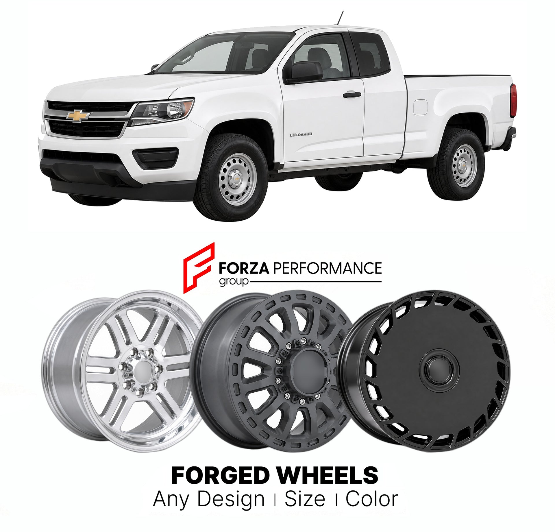 FORGED WHEELS RIMS for CHEVROLET COLORADO BASE 2015 - 2022

Custom forged wheels for Chevrolet Colorado Base 2015 - 2022. Made-to-order monoblock, 2-piece and 3-piece rims in custom sizes, offsets, colors and finishes with guaranteed fitment.

We manufacture premium quality forged wheels rims for Chevrolet Colorado Base 2015 - 2022 in any design, size, color.

THIS WHEEL DESIGN CAN BE CUSTOM-MADE FOR YOUR CAR IN ANY SIZE AND COLOR OPTIONS
Available in monoblock, 2-piece, 3-piece, duoblock, beadlock
3D wheel