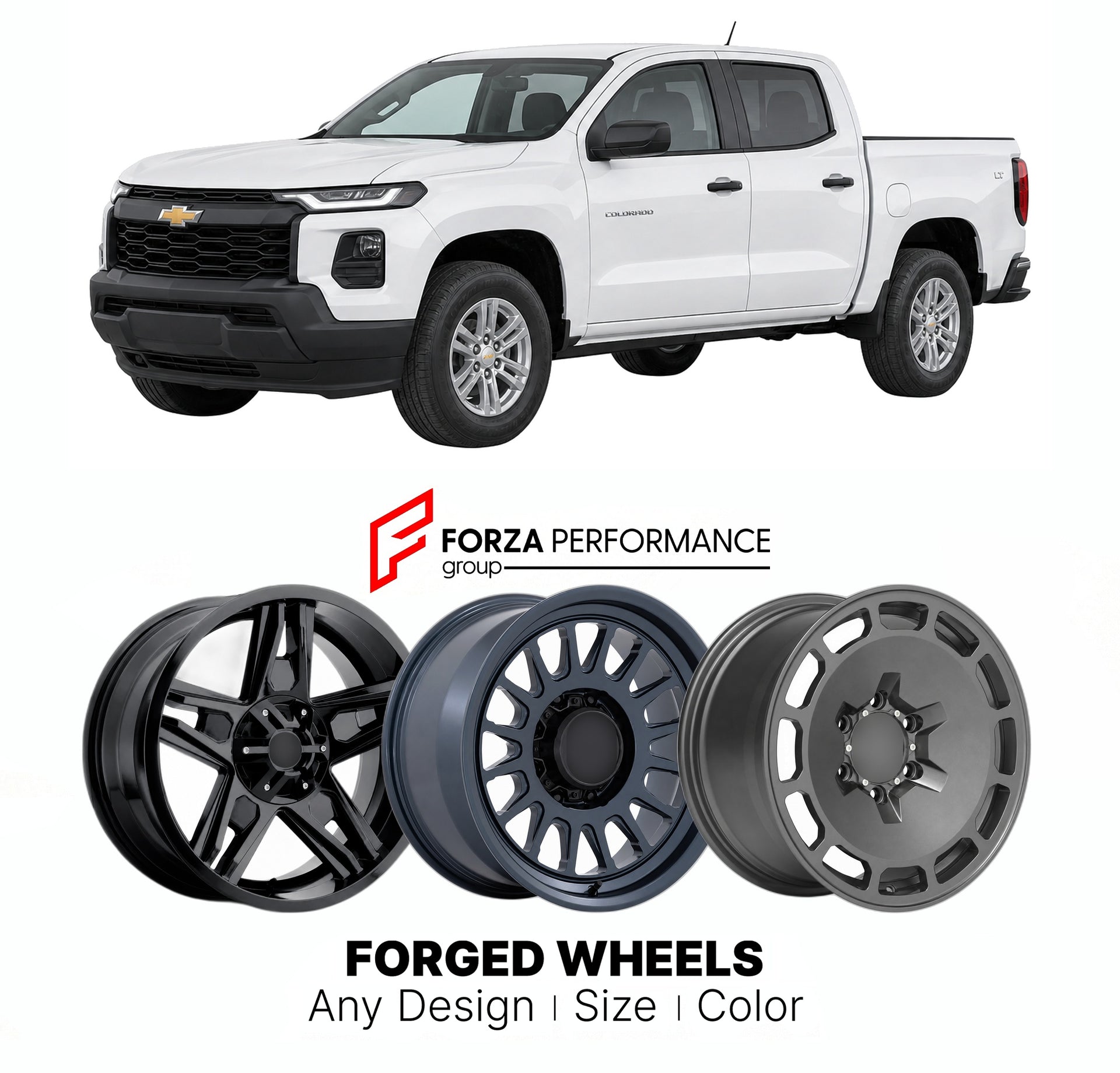 FORGED WHEELS RIMS for CHEVROLET COLORADO LT 2023+

Custom forged wheels for Chevrolet Colorado LT 2023+. Made-to-order monoblock, 2-piece and 3-piece rims in custom sizes, offsets, colors and finishes with guaranteed fitment.

We manufacture premium quality forged wheels rims for Chevrolet Colorado LT 2023+ in any design, size, color.

THIS WHEEL DESIGN CAN BE CUSTOM-MADE FOR YOUR CAR IN ANY SIZE AND COLOR OPTIONS
Available in monoblock, 2-piece, 3-piece, duoblock, beadlock
3D wheel renderings are provided