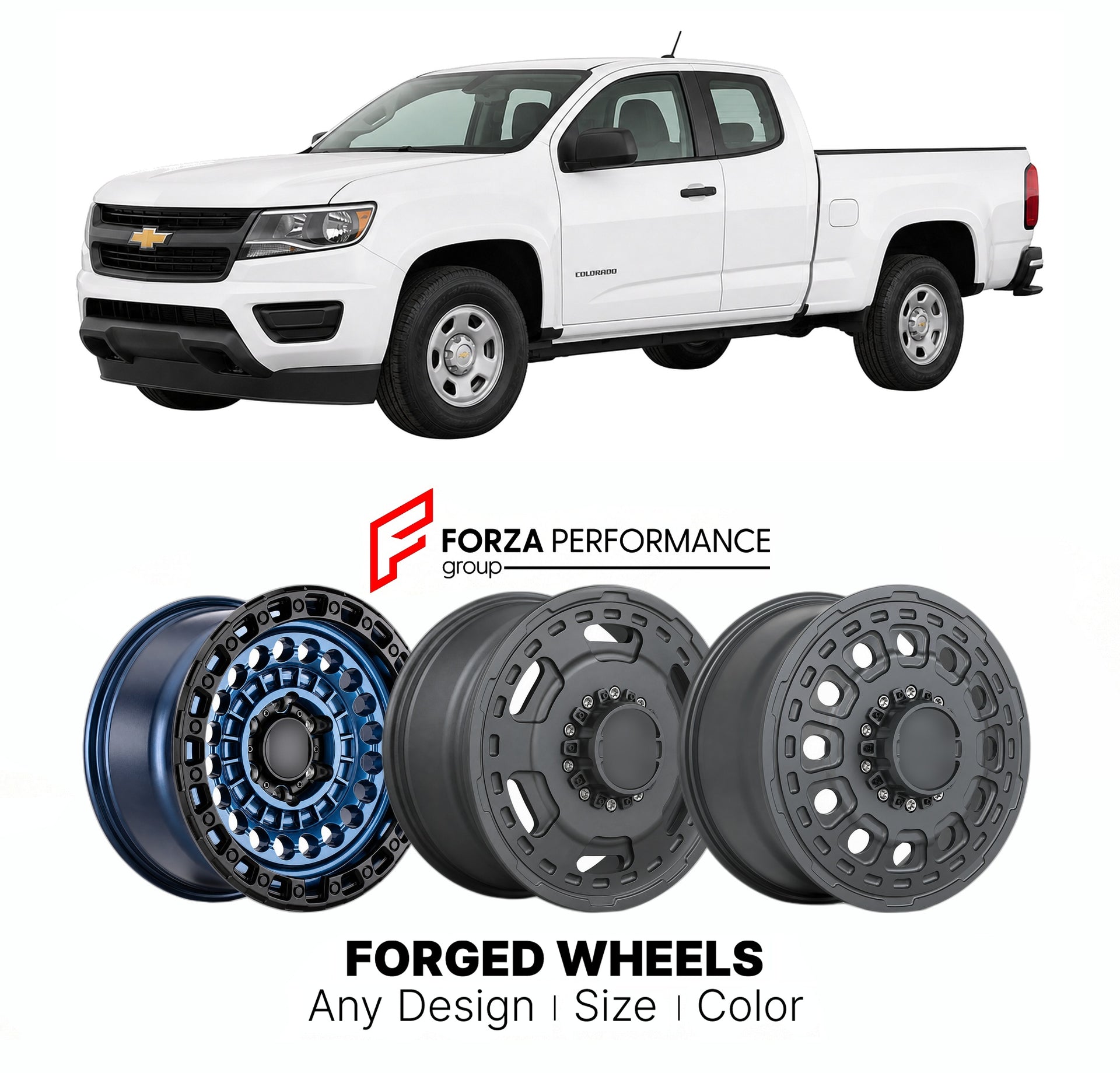 FORGED WHEELS RIMS for CHEVROLET COLORADO WT 2015 - 2022

Custom forged wheels for Chevrolet Colorado WT 2015 - 2022. Made-to-order monoblock, 2-piece and 3-piece rims in custom sizes, offsets, colors and finishes with guaranteed fitment.

We manufacture premium quality forged wheels rims for Chevrolet Colorado WT 2015 - 2022 in any design, size, color.

THIS WHEEL DESIGN CAN BE CUSTOM-MADE FOR YOUR CAR IN ANY SIZE AND COLOR OPTIONS
Available in monoblock, 2-piece, 3-piece, duoblock, beadlock
3D wheel rende
