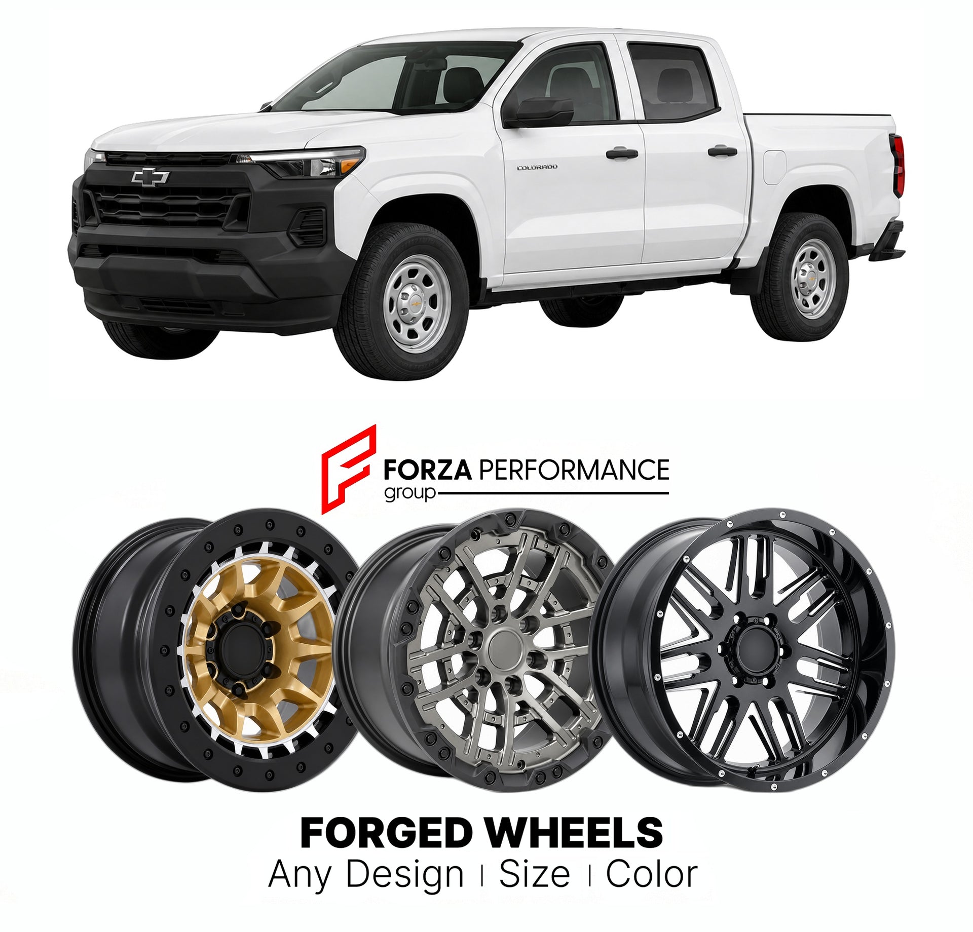 FORGED WHEELS RIMS for CHEVROLET COLORADO WT 2023+

Custom forged wheels for Chevrolet Colorado WT 2023+. Made-to-order monoblock, 2-piece and 3-piece rims in custom sizes, offsets, colors and finishes with guaranteed fitment.

We manufacture premium quality forged wheels rims for Chevrolet Colorado WT 2023+ in any design, size, color.

THIS WHEEL DESIGN CAN BE CUSTOM-MADE FOR YOUR CAR IN ANY SIZE AND COLOR OPTIONS
Available in monoblock, 2-piece, 3-piece, duoblock, beadlock
3D wheel renderings are provided