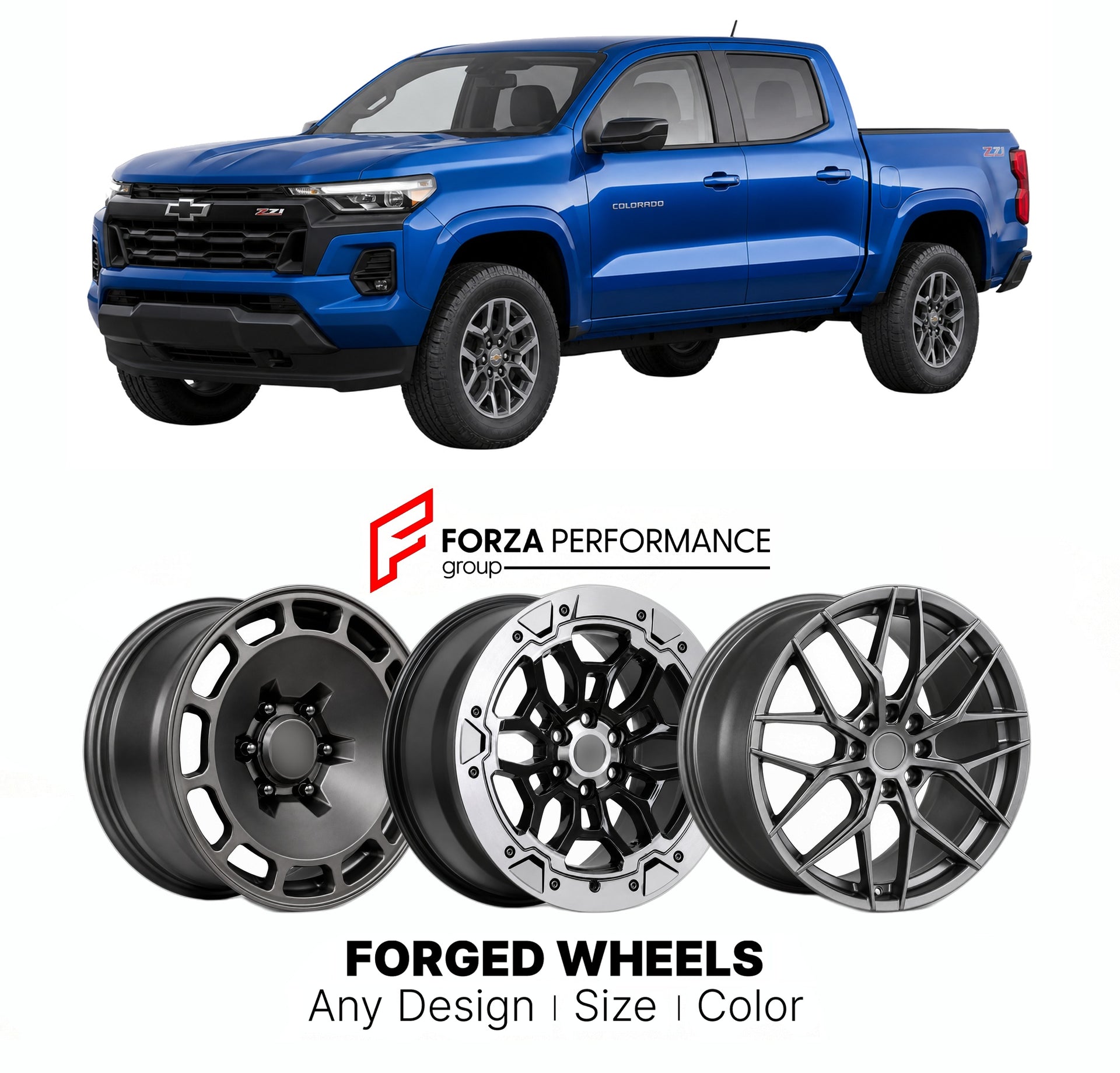 FORGED WHEELS RIMS for CHEVROLET COLORADO Z71 2023+

Custom forged wheels for Chevrolet Colorado Z71 2023+. Made-to-order monoblock, 2-piece and 3-piece rims in custom sizes, offsets, colors and finishes with guaranteed fitment.

We manufacture premium quality forged wheels rims for Chevrolet Colorado Z71 2023+ in any design, size, color.

THIS WHEEL DESIGN CAN BE CUSTOM-MADE FOR YOUR CAR IN ANY SIZE AND COLOR OPTIONS
Available in monoblock, 2-piece, 3-piece, duoblock, beadlock
3D wheel renderings are provi