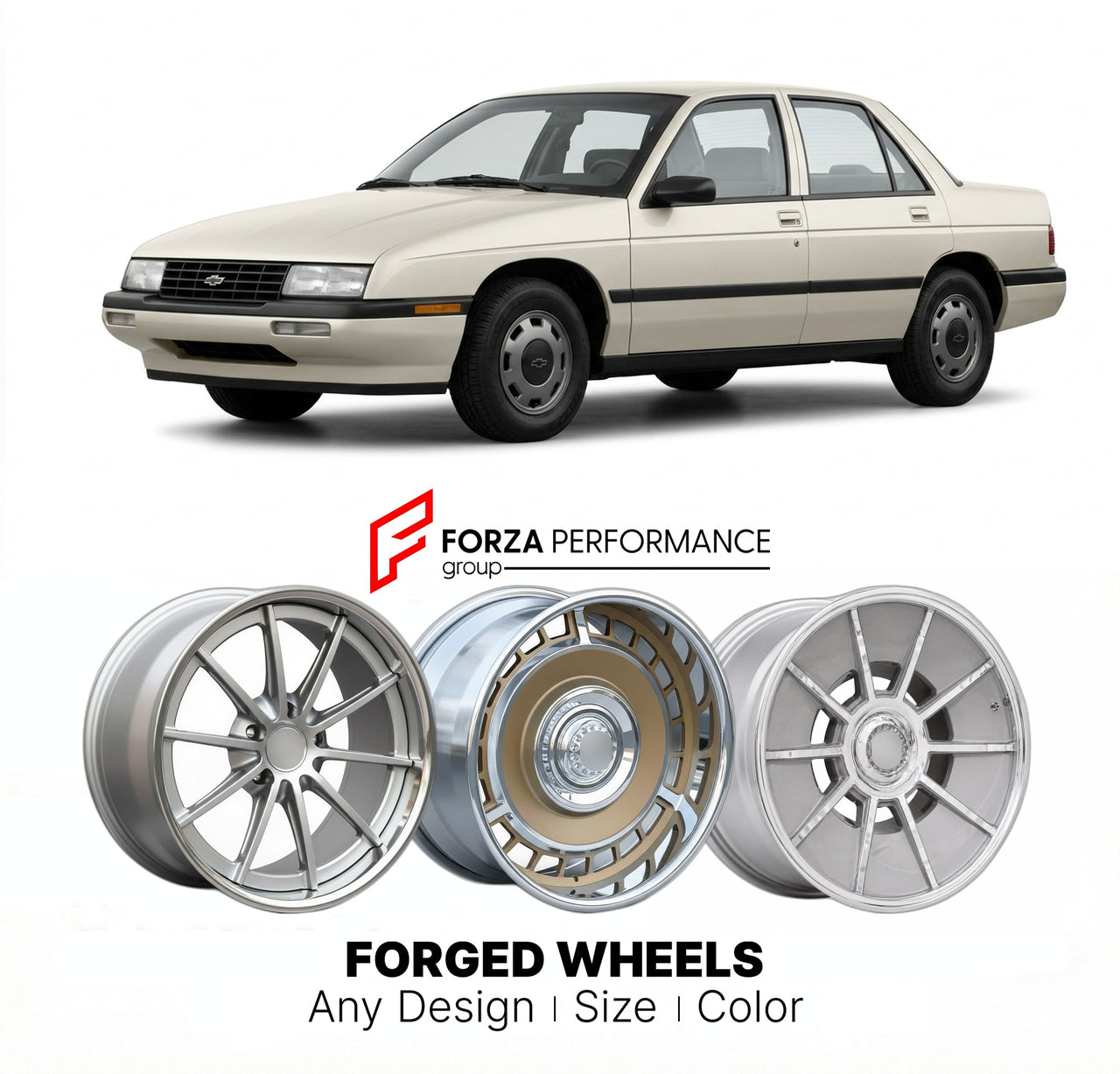 CUSTOM CLASSIC VINTAGE RESTOMOD RETRO OLD SCHOOL FORGED WHEELS RIMS for CHEVROLET CORSICA 1987 - 1990
Custom forged wheels for classic American muscle cars. Ideal for restomod builds, vintage restorations, and show cars. Deep dish and retro styling available.

We manufacture premium quality forged wheels rims for Chevrolet Corsica 1987 - 1990 in any design, size, color.

THIS WHEEL DESIGN CAN BE CUSTOM-MADE FOR YOUR CAR IN ANY SIZE AND COLOR OPTIONS
Available in monoblock, 2-piece, 3-piece, duoblock, beadlo