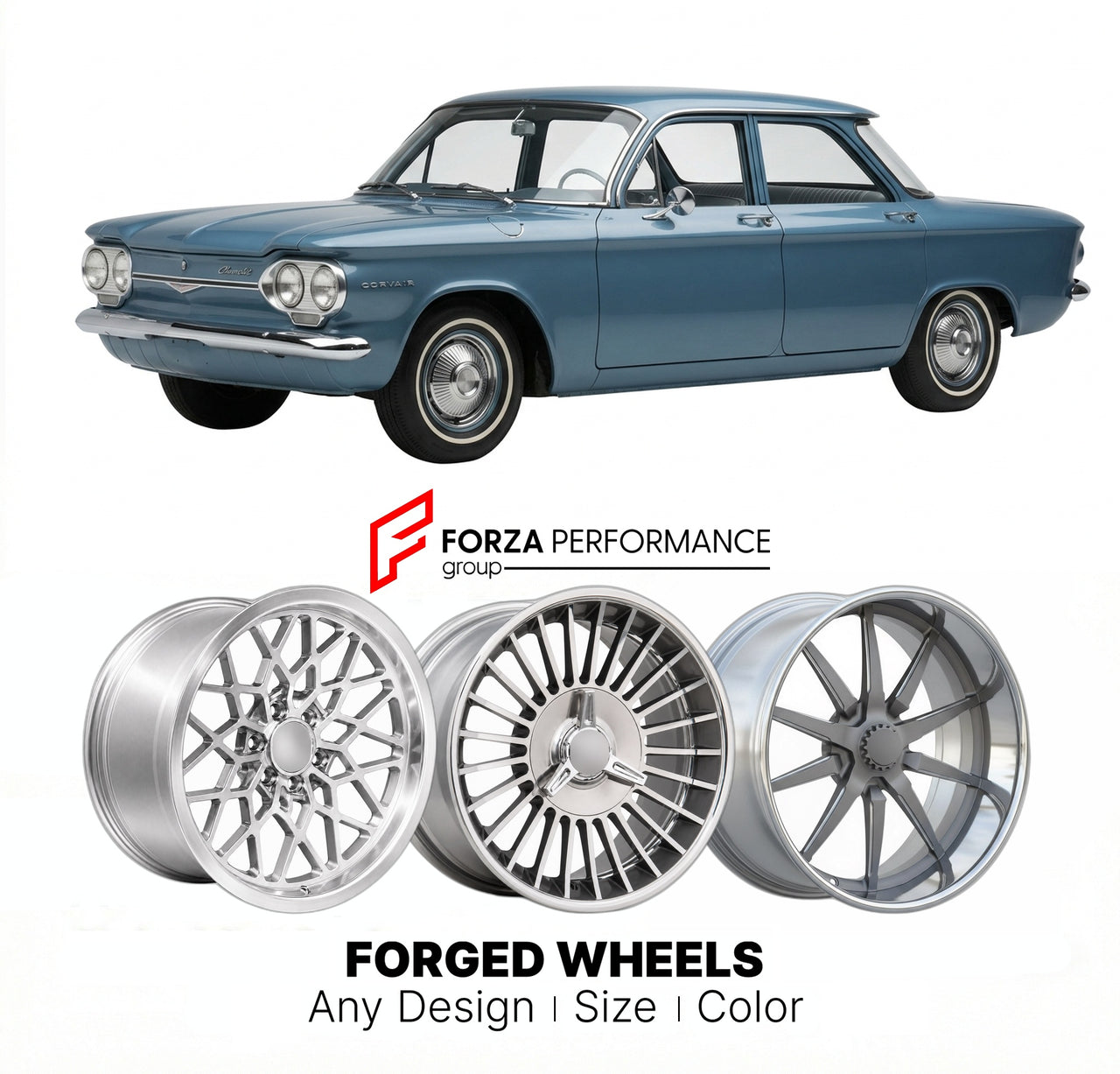 CUSTOM CLASSIC VINTAGE RESTOMOD RETRO OLD SCHOOL FORGED WHEELS RIMS for CHEVROLET CORVAIR 1959 - 1969
Custom forged wheels for classic American muscle cars. Ideal for restomod builds, vintage restorations, and show cars. Deep dish and retro styling available.

We manufacture premium quality forged wheels rims for Chevrolet Corvair 1959 - 1969 in any design, size, color.

THIS WHEEL DESIGN CAN BE CUSTOM-MADE FOR YOUR CAR IN ANY SIZE AND COLOR OPTIONS
Available in monoblock, 2-piece, 3-piece, duoblock, beadlo