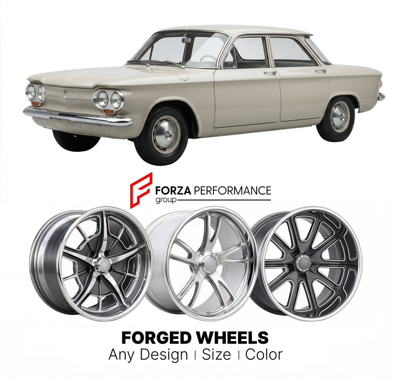 CUSTOM CLASSIC VINTAGE RESTOMOD RETRO OLD SCHOOL FORGED WHEELS RIMS for CHEVROLET CORVAIR MONZA 1960 - 1969
Custom forged wheels for classic American muscle cars. Ideal for restomod builds, vintage restorations, and show cars. Deep dish and retro styling available.

We manufacture premium quality forged wheels rims for Chevrolet Corvair Monza 1960 - 1969 in any design, size, color.

THIS WHEEL DESIGN CAN BE CUSTOM-MADE FOR YOUR CAR IN ANY SIZE AND COLOR OPTIONS
Available in monoblock, 2-piece, 3-piece, duob