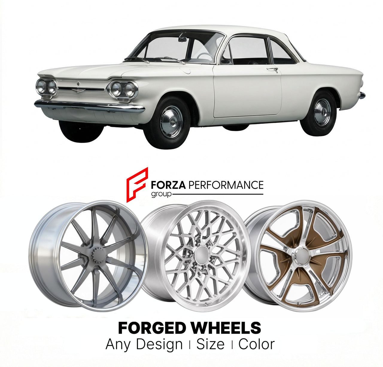 CUSTOM CLASSIC VINTAGE RESTOMOD RETRO OLD SCHOOL FORGED WHEELS RIMS for CHEVROLET CORVAIR SPYDER 1962 - 1964
Custom forged wheels for classic American muscle cars. Ideal for restomod builds, vintage restorations, and show cars. Deep dish and retro styling available.

We manufacture premium quality forged wheels rims for Chevrolet Corvair Spyder 1962 - 1964 in any design, size, color.

THIS WHEEL DESIGN CAN BE CUSTOM-MADE FOR YOUR CAR IN ANY SIZE AND COLOR OPTIONS
Available in monoblock, 2-piece, 3-piece, du