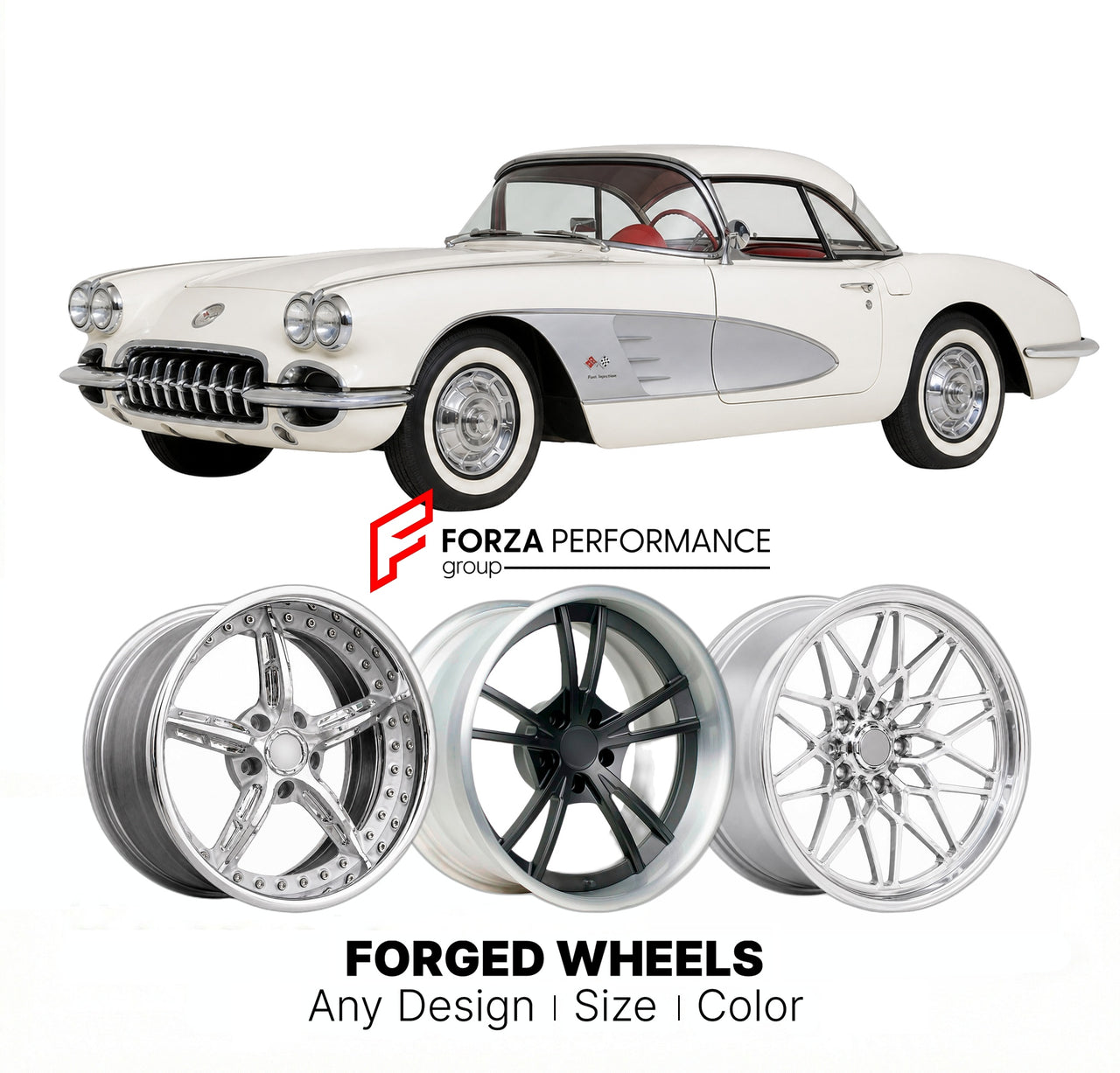 CUSTOM CLASSIC VINTAGE RESTOMOD RETRO OLD SCHOOL FORGED WHEELS RIMS for CHEVROLET CORVETTE 1958 - 1962
Custom forged wheels for classic American muscle cars. Ideal for restomod builds, vintage restorations, and show cars. Deep dish and retro styling available.

We manufacture premium quality forged wheels rims for Chevrolet Corvette 1958 - 1962 in any design, size, color.

THIS WHEEL DESIGN CAN BE CUSTOM-MADE FOR YOUR CAR IN ANY SIZE AND COLOR OPTIONS
Available in monoblock, 2-piece, 3-piece, duoblock, bead