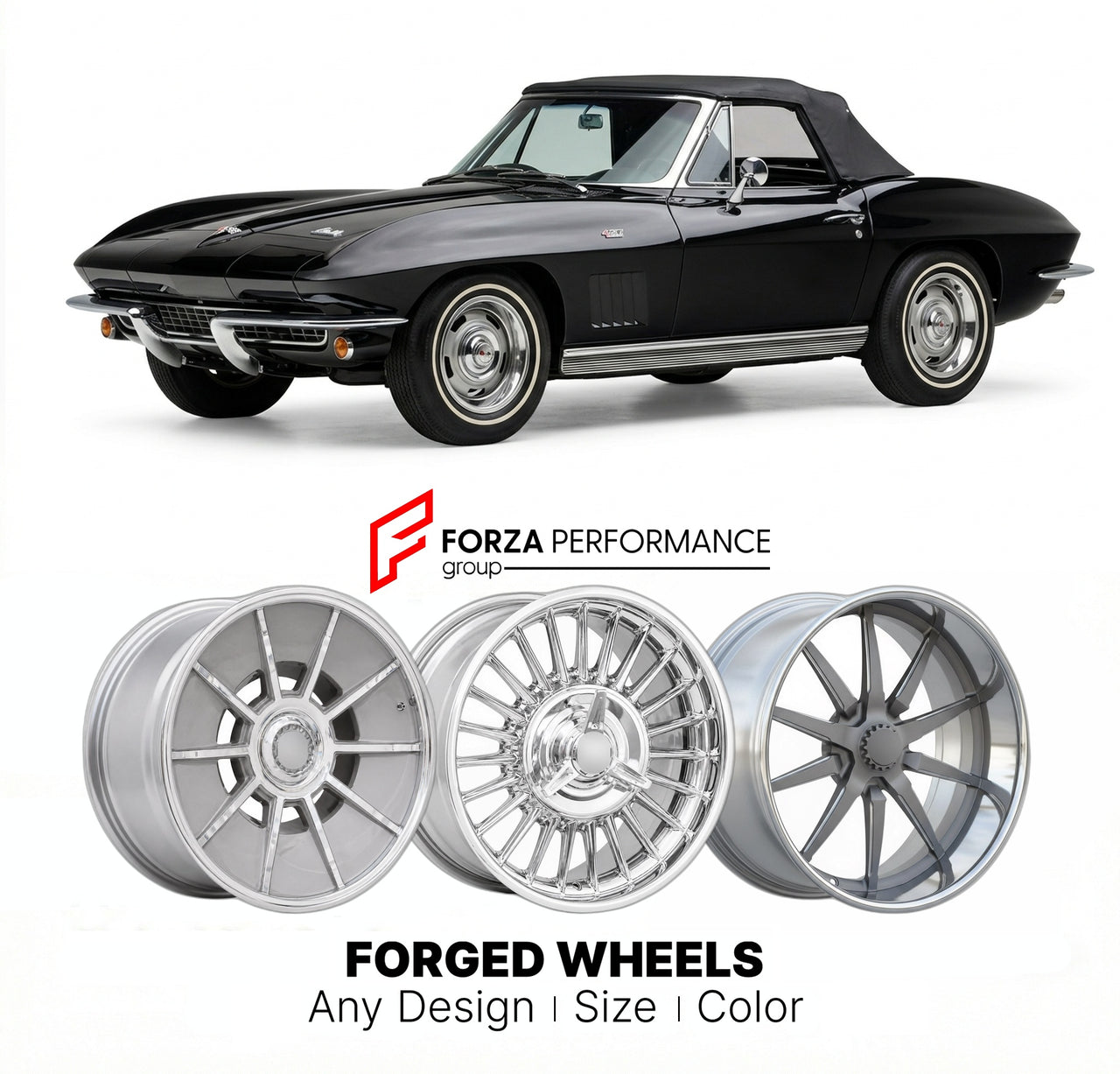CUSTOM CLASSIC VINTAGE RESTOMOD RETRO OLD SCHOOL FORGED WHEELS RIMS for CHEVROLET CORVETTE 1963 - 1967
Custom forged wheels for classic American muscle cars. Ideal for restomod builds, vintage restorations, and show cars. Deep dish and retro styling available.

We manufacture premium quality forged wheels rims for Chevrolet Corvette 1963 - 1967 in any design, size, color.

THIS WHEEL DESIGN CAN BE CUSTOM-MADE FOR YOUR CAR IN ANY SIZE AND COLOR OPTIONS
Available in monoblock, 2-piece, 3-piece, duoblock, bead