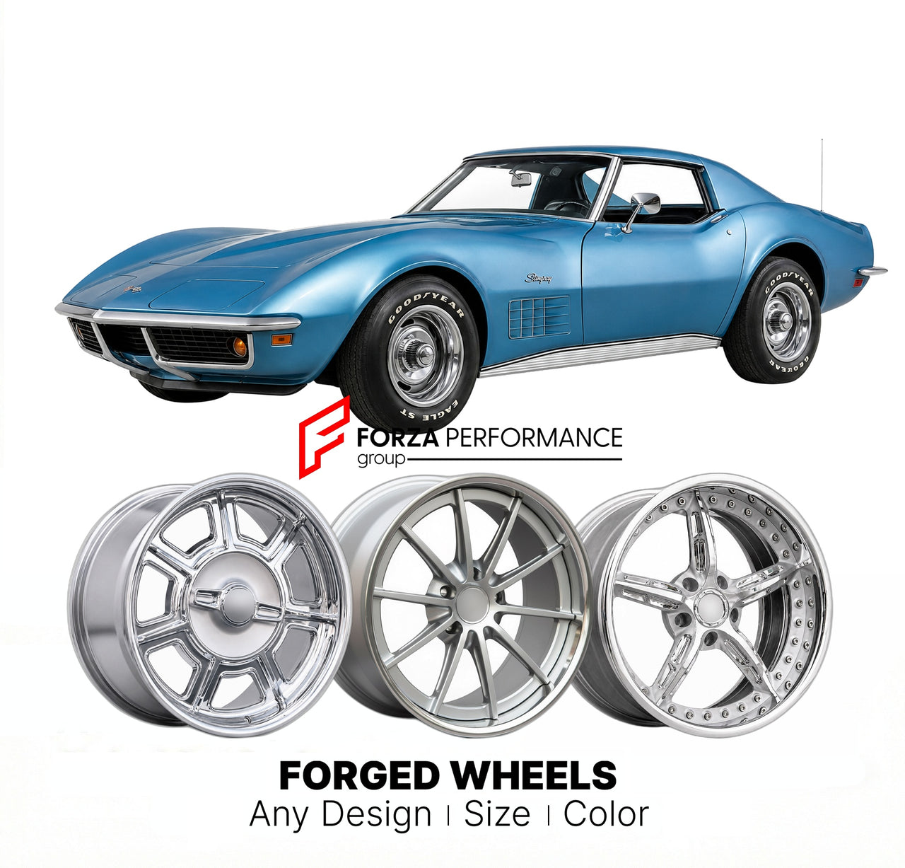 CUSTOM CLASSIC VINTAGE RESTOMOD RETRO OLD SCHOOL FORGED WHEELS RIMS for CHEVROLET CORVETTE 1968 - 1982
Custom forged wheels for classic American muscle cars. Ideal for restomod builds, vintage restorations, and show cars. Deep dish and retro styling available.

We manufacture premium quality forged wheels rims for Chevrolet Corvette 1968 - 1982 in any design, size, color.

THIS WHEEL DESIGN CAN BE CUSTOM-MADE FOR YOUR CAR IN ANY SIZE AND COLOR OPTIONS
Available in monoblock, 2-piece, 3-piece, duoblock, bead