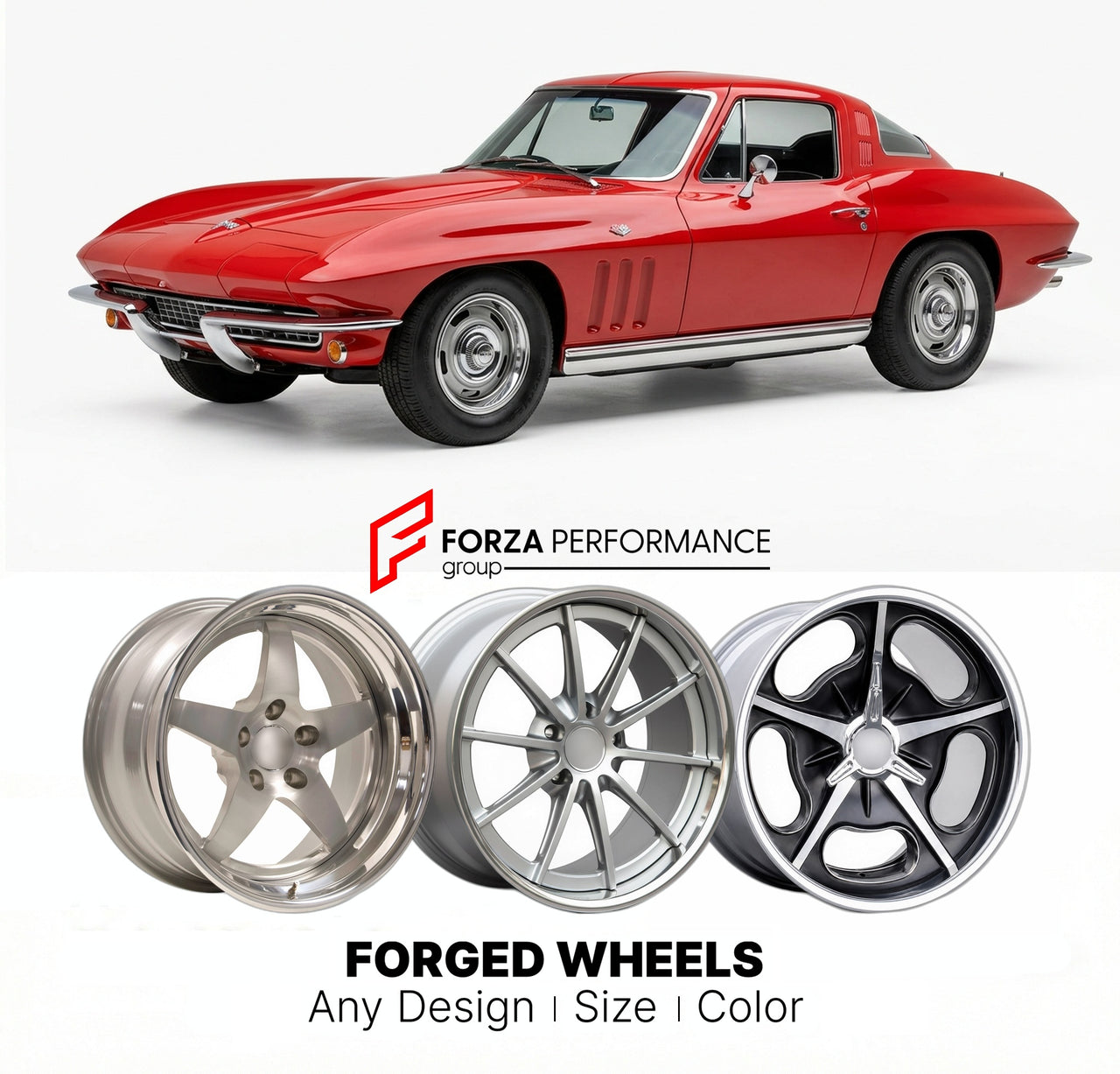 CUSTOM CLASSIC VINTAGE RESTOMOD RETRO OLD SCHOOL FORGED WHEELS RIMS for CHEVROLET CORVETTE 427 1966 - 1967
Custom forged wheels for classic American muscle cars. Ideal for restomod builds, vintage restorations, and show cars. Deep dish and retro styling available.

We manufacture premium quality forged wheels rims for Chevrolet Corvette 427 1966 - 1967 in any design, size, color.

THIS WHEEL DESIGN CAN BE CUSTOM-MADE FOR YOUR CAR IN ANY SIZE AND COLOR OPTIONS
Available in monoblock, 2-piece, 3-piece, duoblo