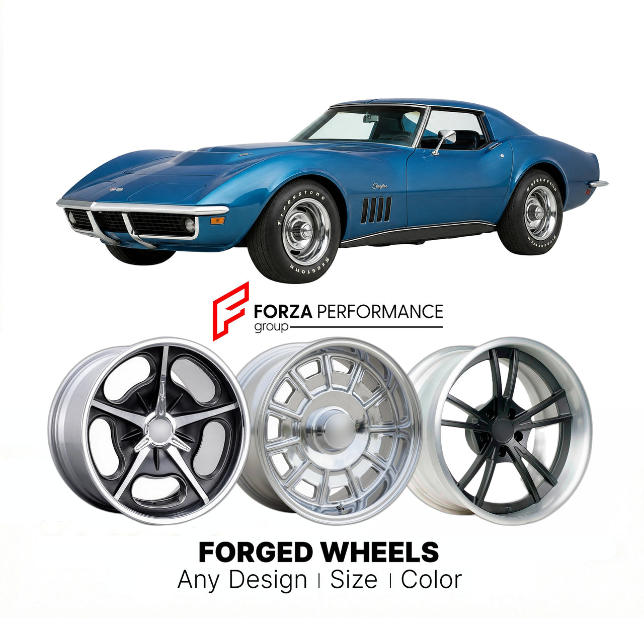 CUSTOM CLASSIC VINTAGE RESTOMOD RETRO OLD SCHOOL FORGED WHEELS RIMS for CHEVROLET CORVETTE 427 1968 - 1972
Custom forged wheels for classic American muscle cars. Ideal for restomod builds, vintage restorations, and show cars. Deep dish and retro styling available.

We manufacture premium quality forged wheels rims for Chevrolet Corvette 427 1968 - 1972 in any design, size, color.

THIS WHEEL DESIGN CAN BE CUSTOM-MADE FOR YOUR CAR IN ANY SIZE AND COLOR OPTIONS
Available in monoblock, 2-piece, 3-piece, duoblo